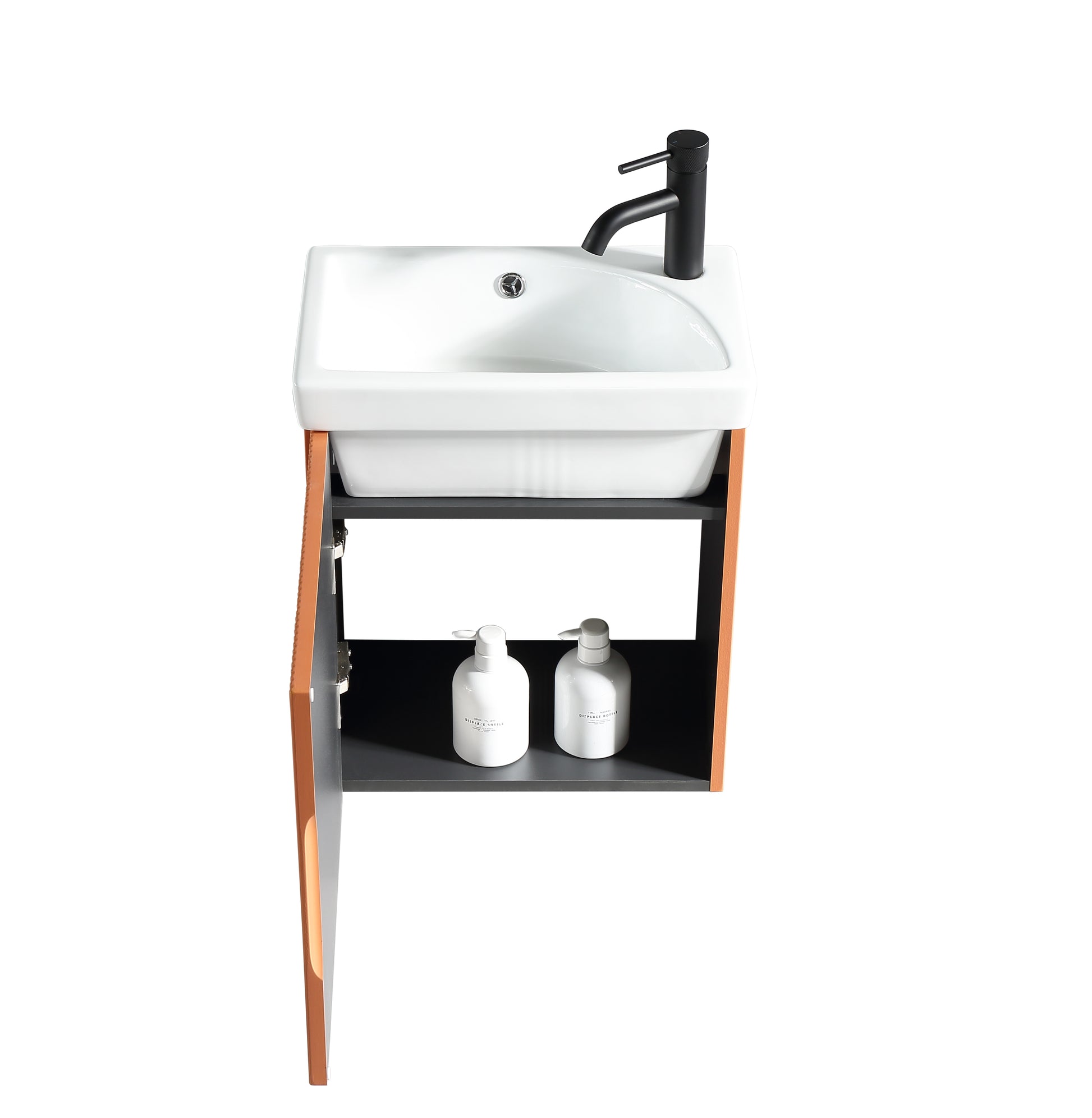 Mini Flauto 450mm vanity and basin in Bruciata Orange from Tuskan Tiles, featuring a sleek cloakroom design and modern fixtures.