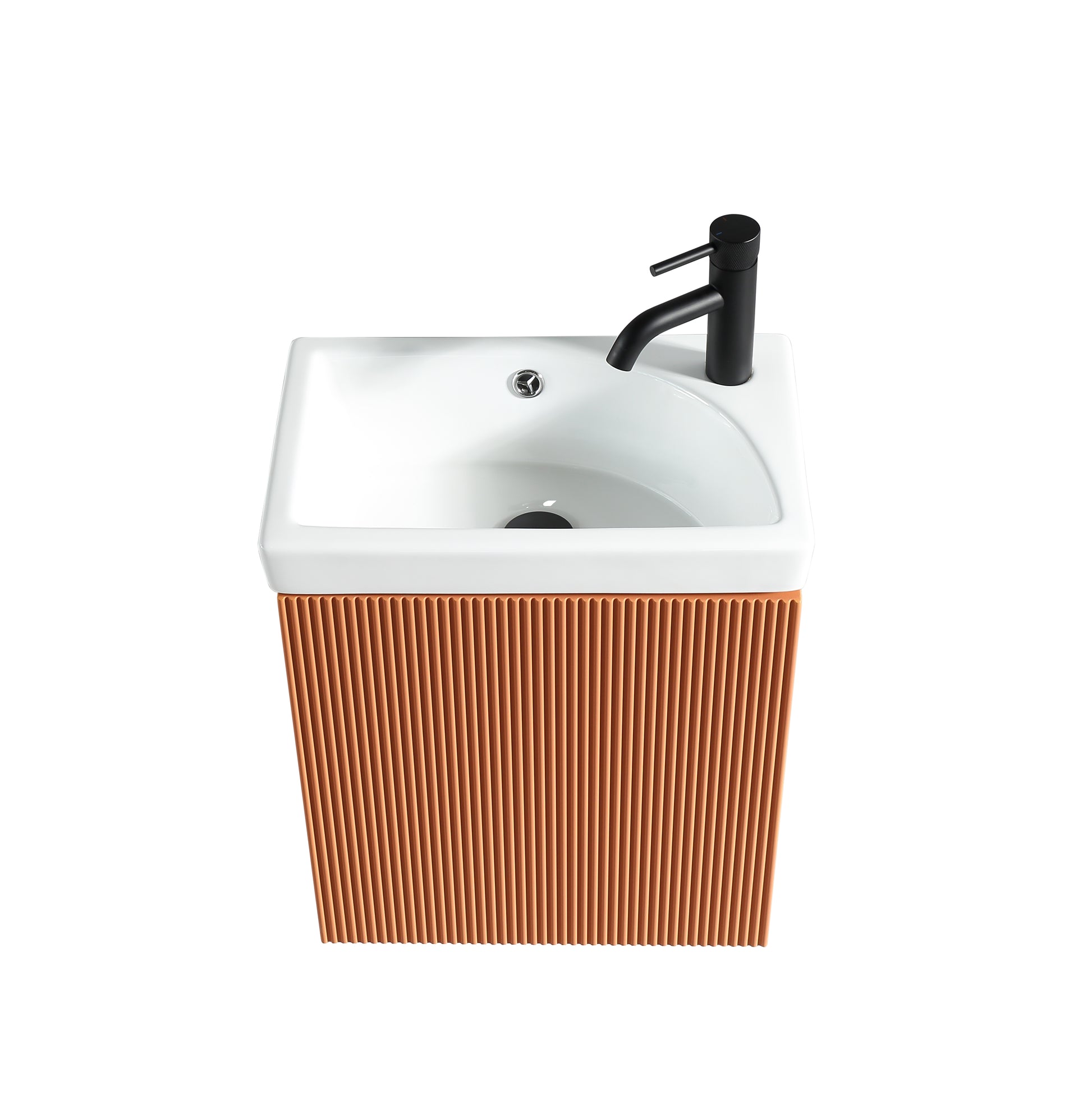 Mini orange vanity and basin set by Tuskan Tiles, 450mm Flauto Mini with cloakroom design and Bruciata Orange finish.