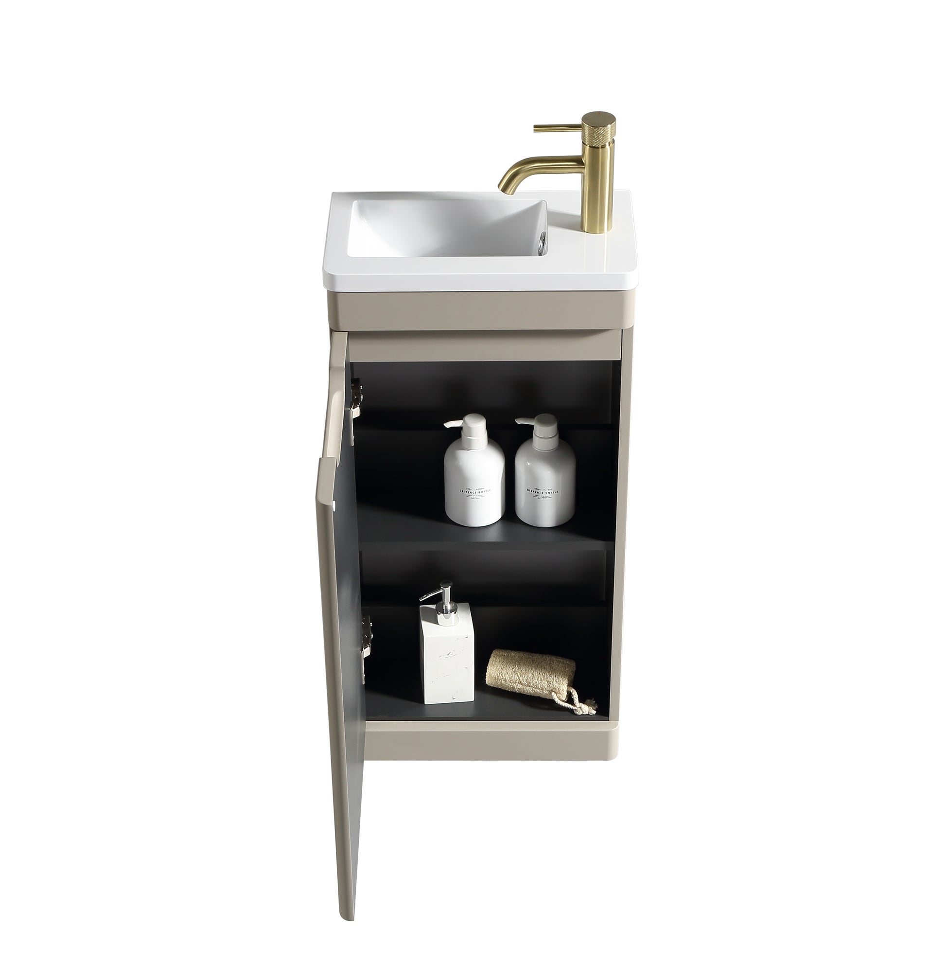 Acerra 400mm cloakroom vanity and basin in soft coffee finish, modern bathroom furniture by Tuskan Tiles.