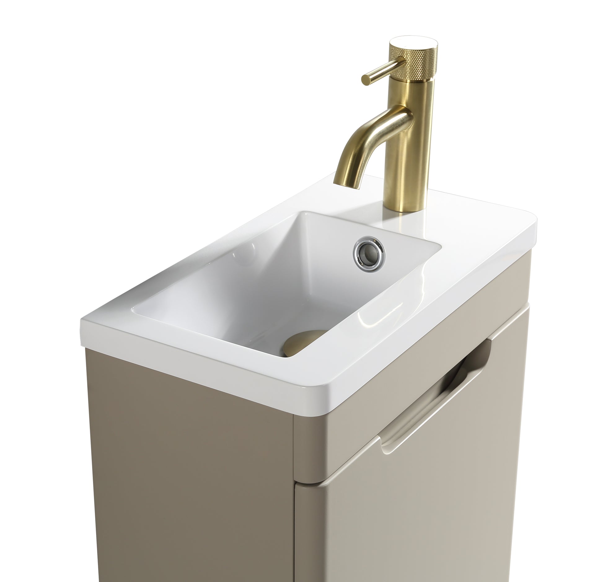 Acerra 400mm cloakroom vanity and basin in soft coffee finish, modern bathroom furniture by Tuskan Tiles.