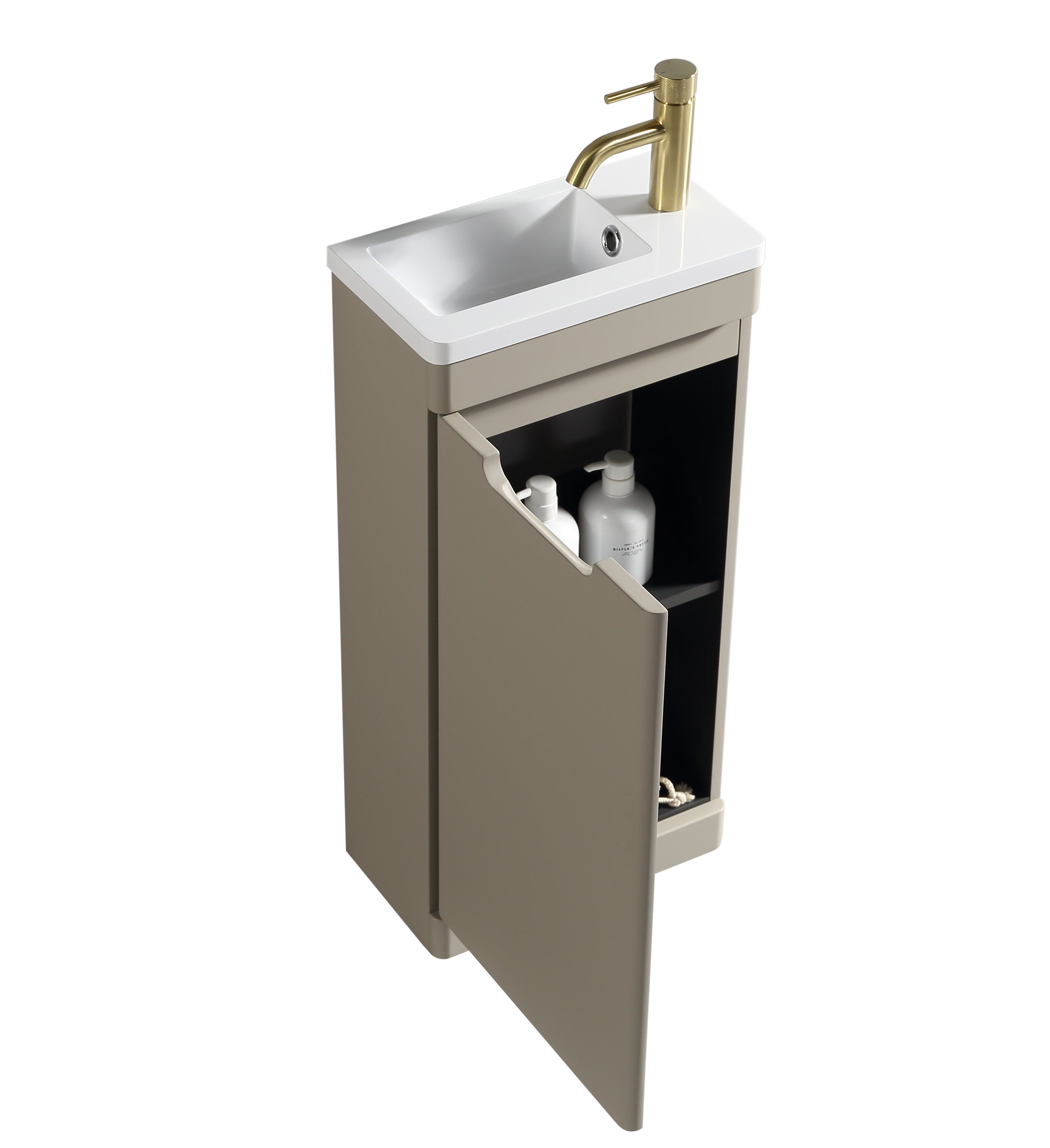 Acerra 400mm cloakroom vanity and basin in soft coffee finish, featuring a compact design with sleek lines and modern style.
