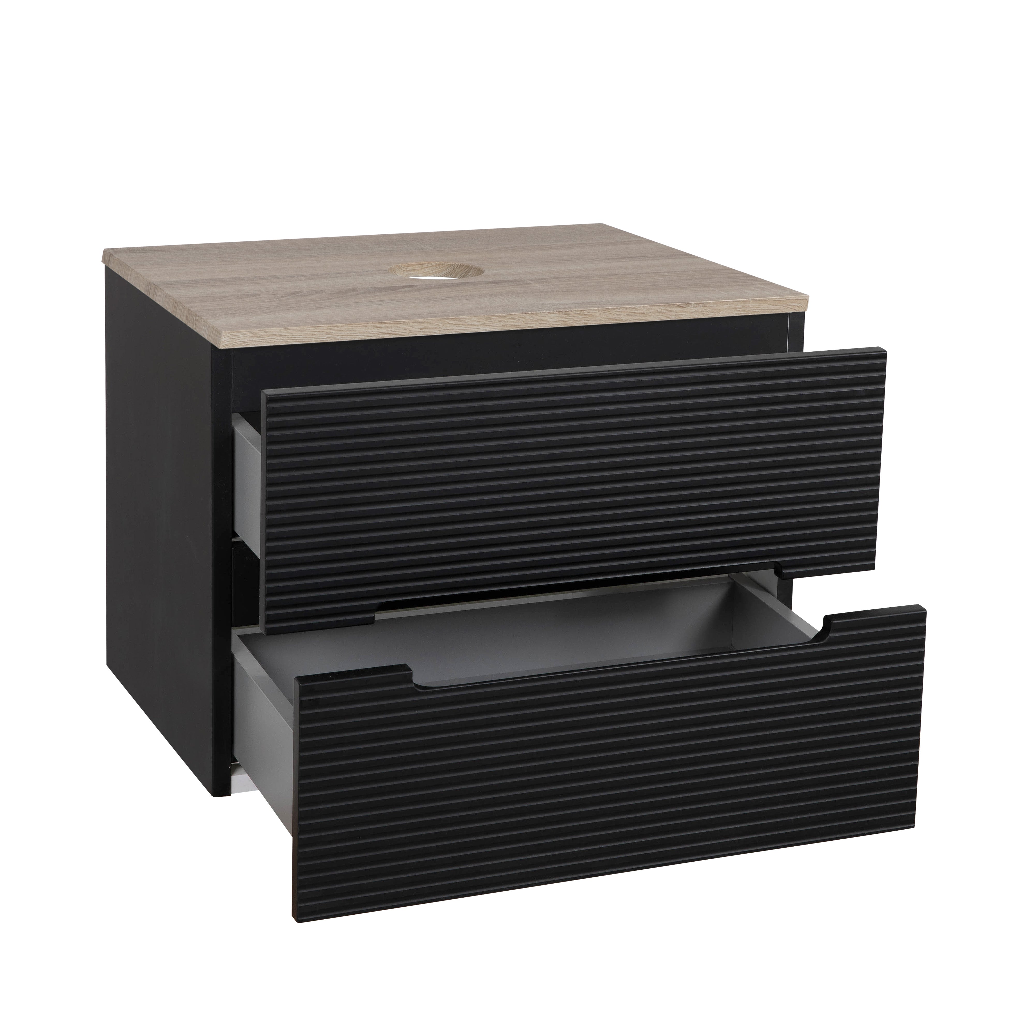 Monza Plus 600mm Fluted Wall Hung Vanity & Counter Top - Matte Black/Country Oak