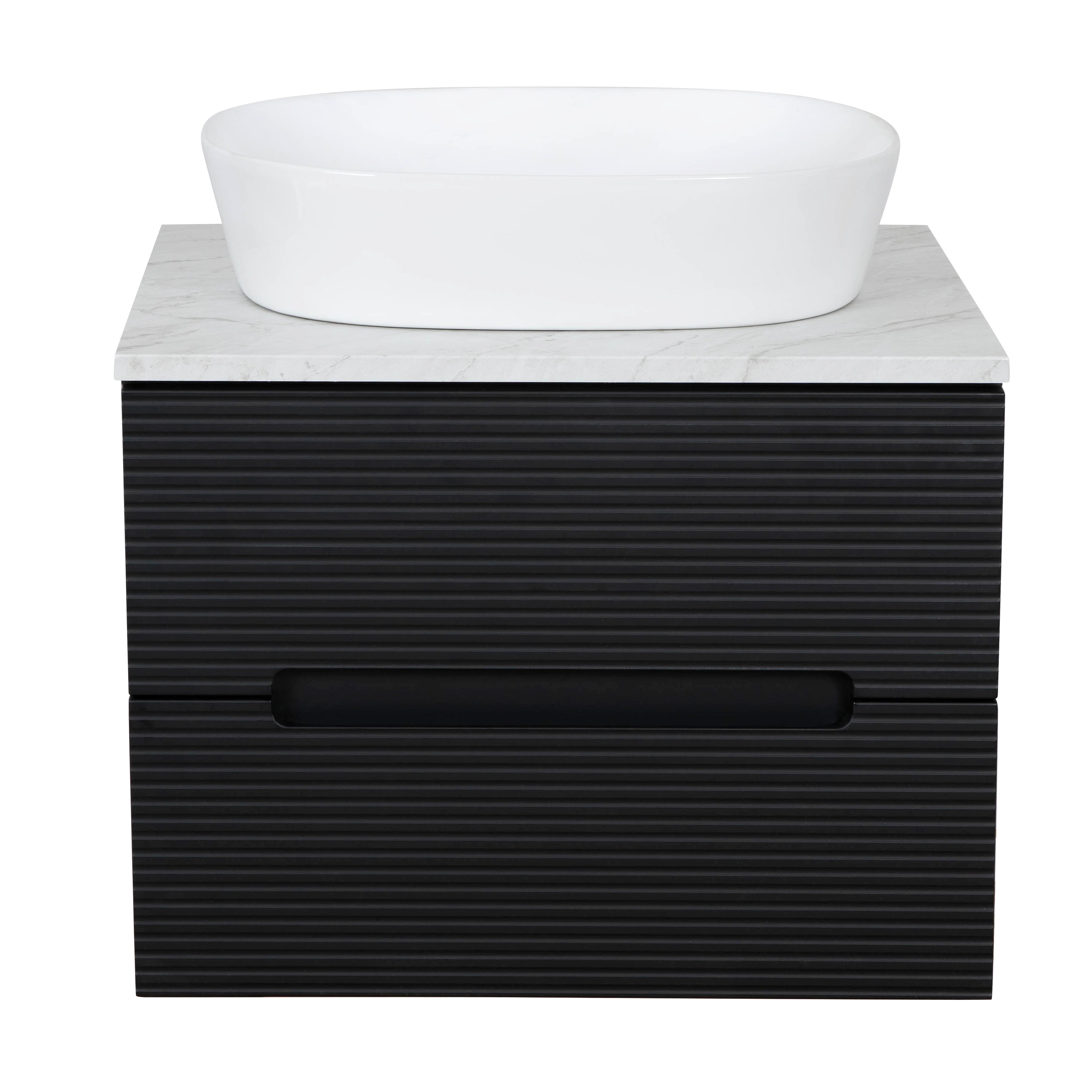 Monza Plus 600mm Fluted Wall Hung Vanity & Counter Top - Matte Black/Grey Marble