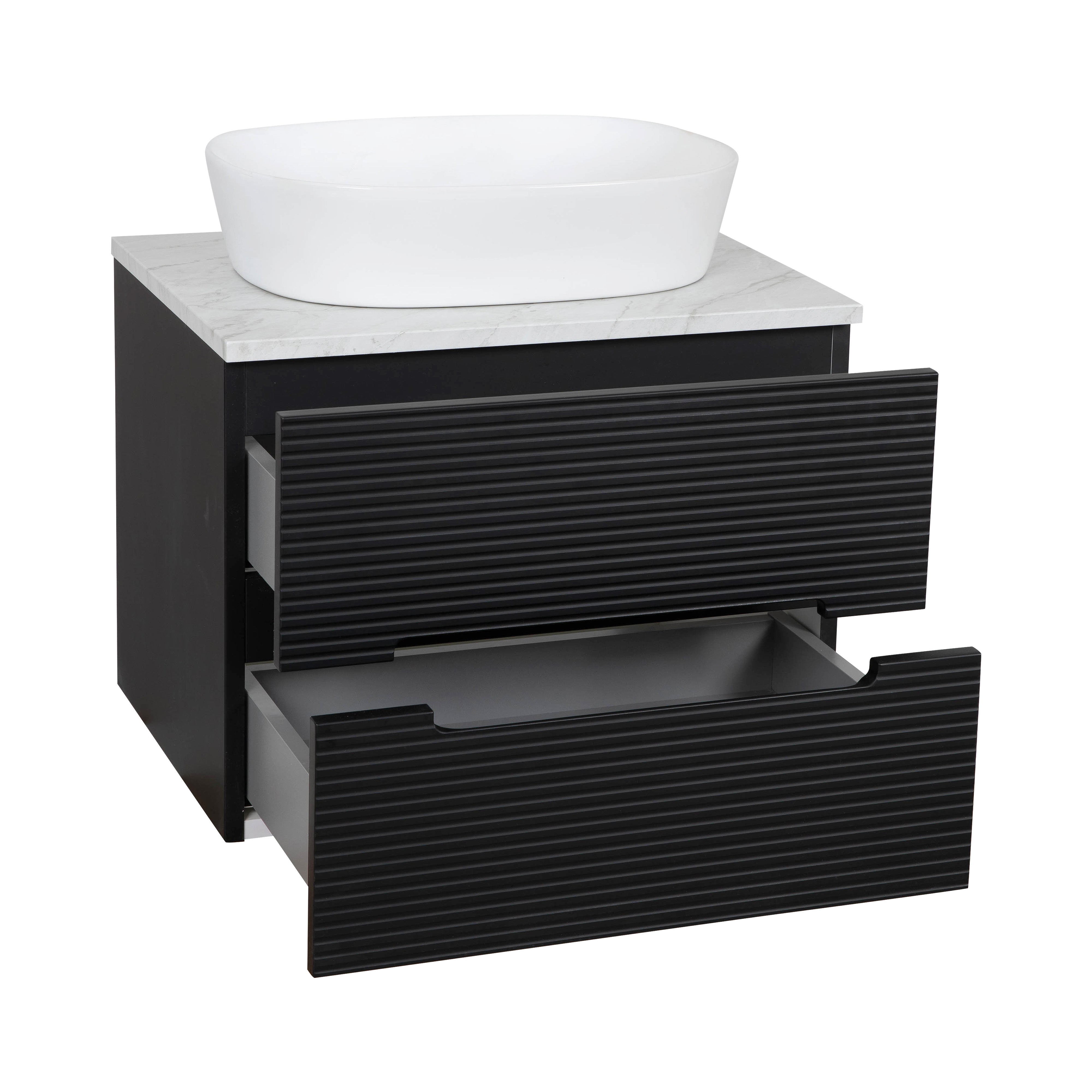 Monza Plus 600mm Fluted Wall Hung Vanity & Counter Top - Matte Black/Grey Marble
