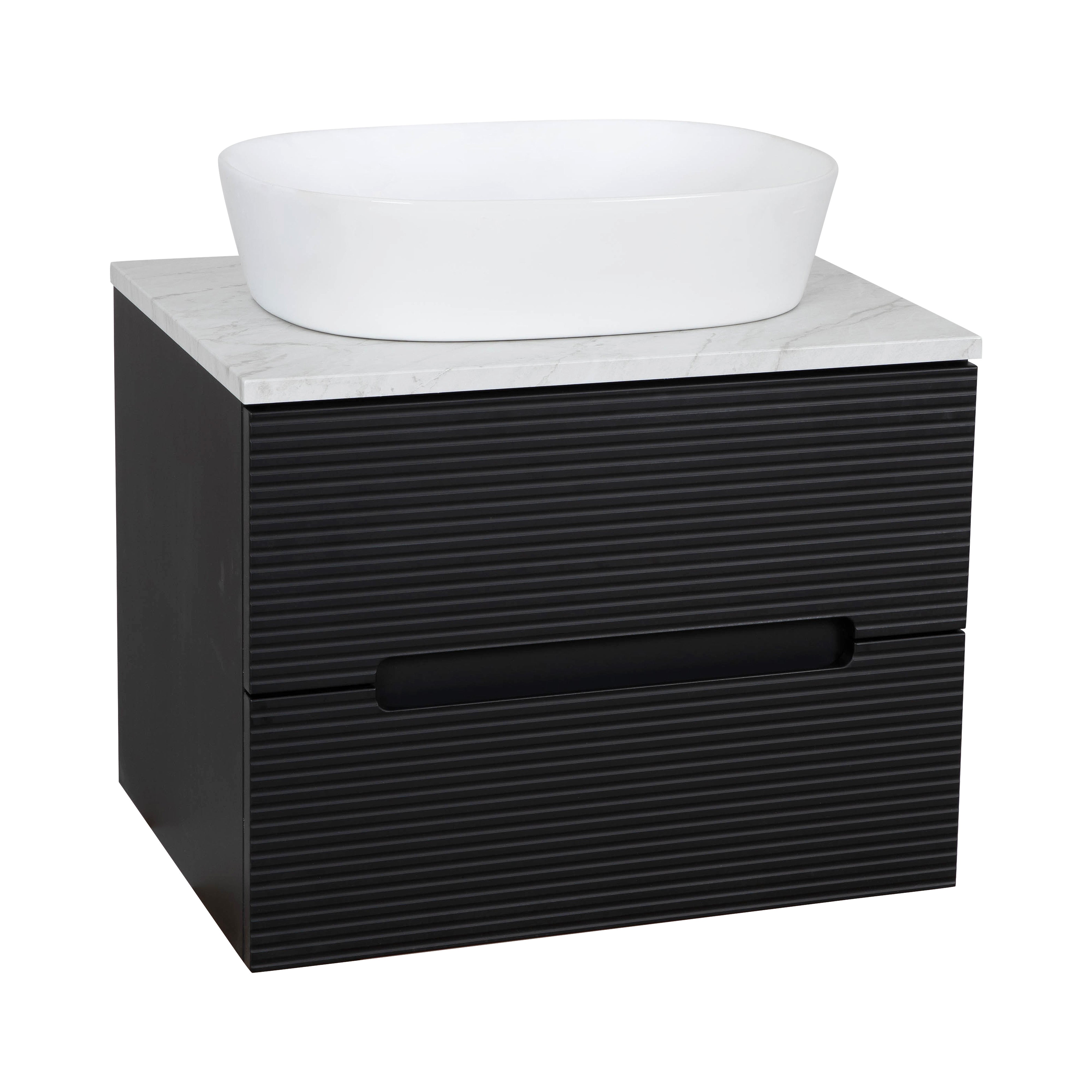 Monza Plus 600mm Fluted Wall Hung Vanity & Counter Top - Matte Black/Grey Marble