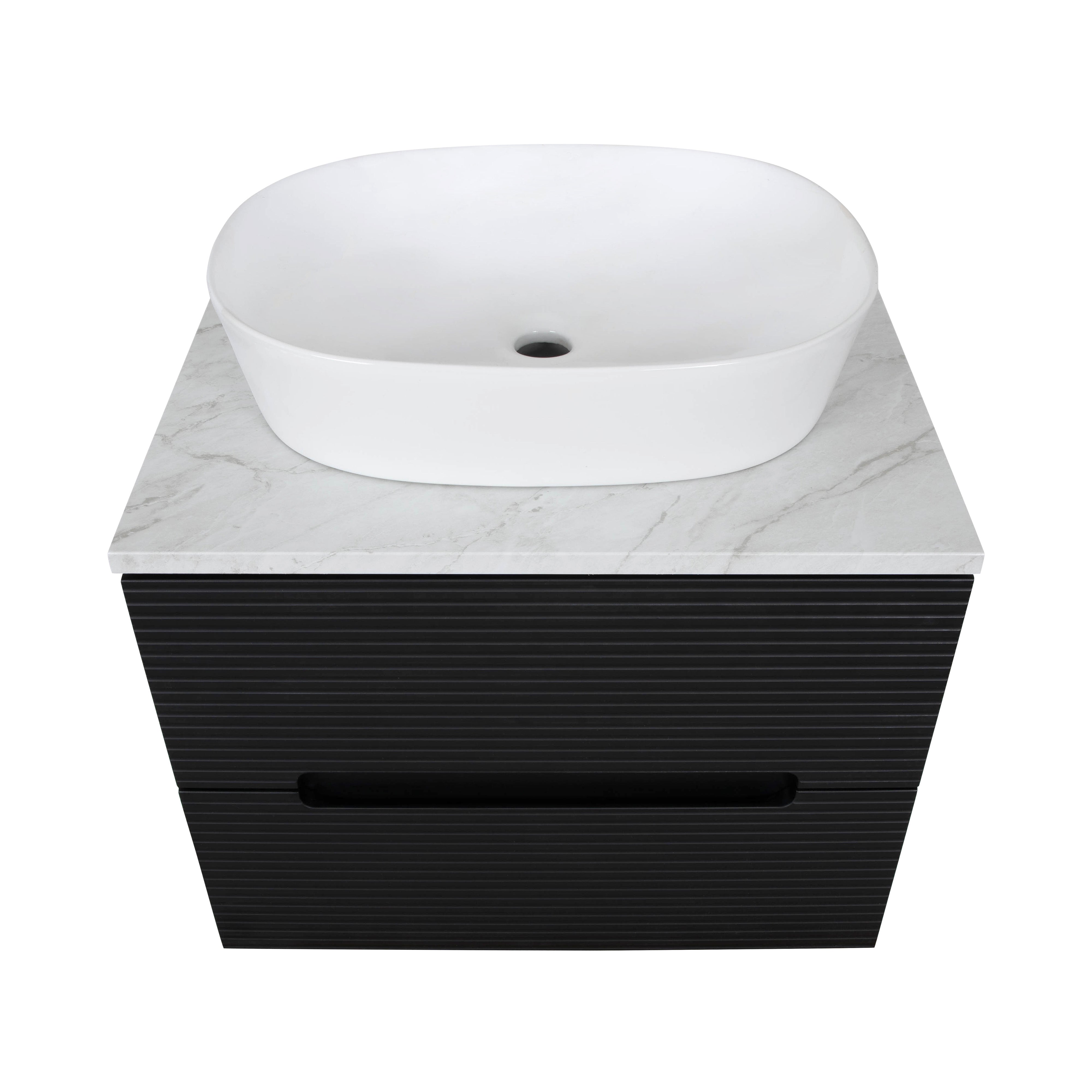 Monza Plus 600mm Fluted Wall Hung Vanity & Counter Top - Matte Black/Grey Marble