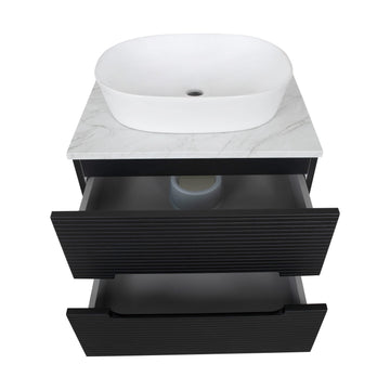 Monza Plus 600mm Fluted Wall Hung Vanity & Counter Top - Matte Black/Grey Marble