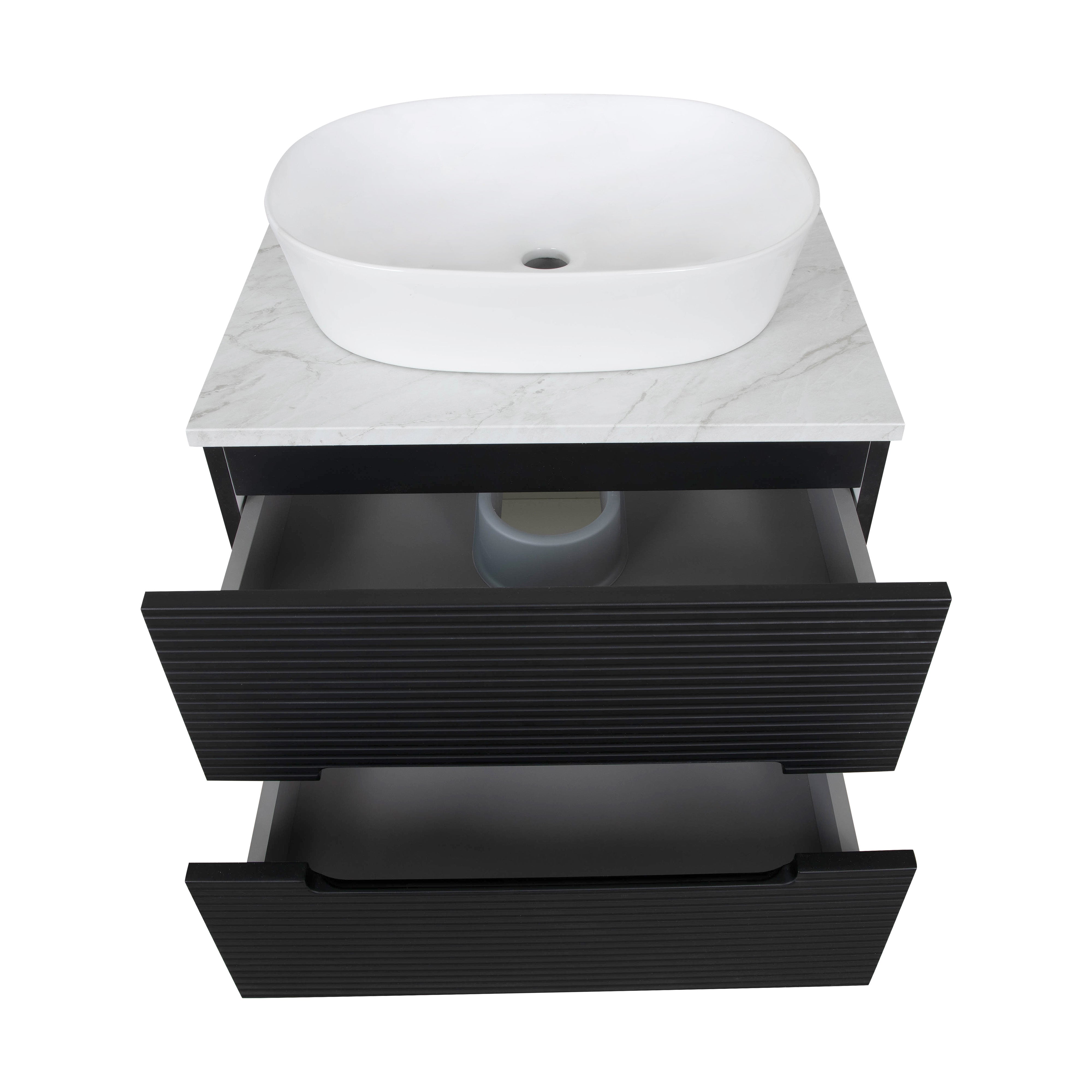 Monza Plus 600mm Fluted Wall Hung Vanity & Counter Top - Matte Black/Grey Marble