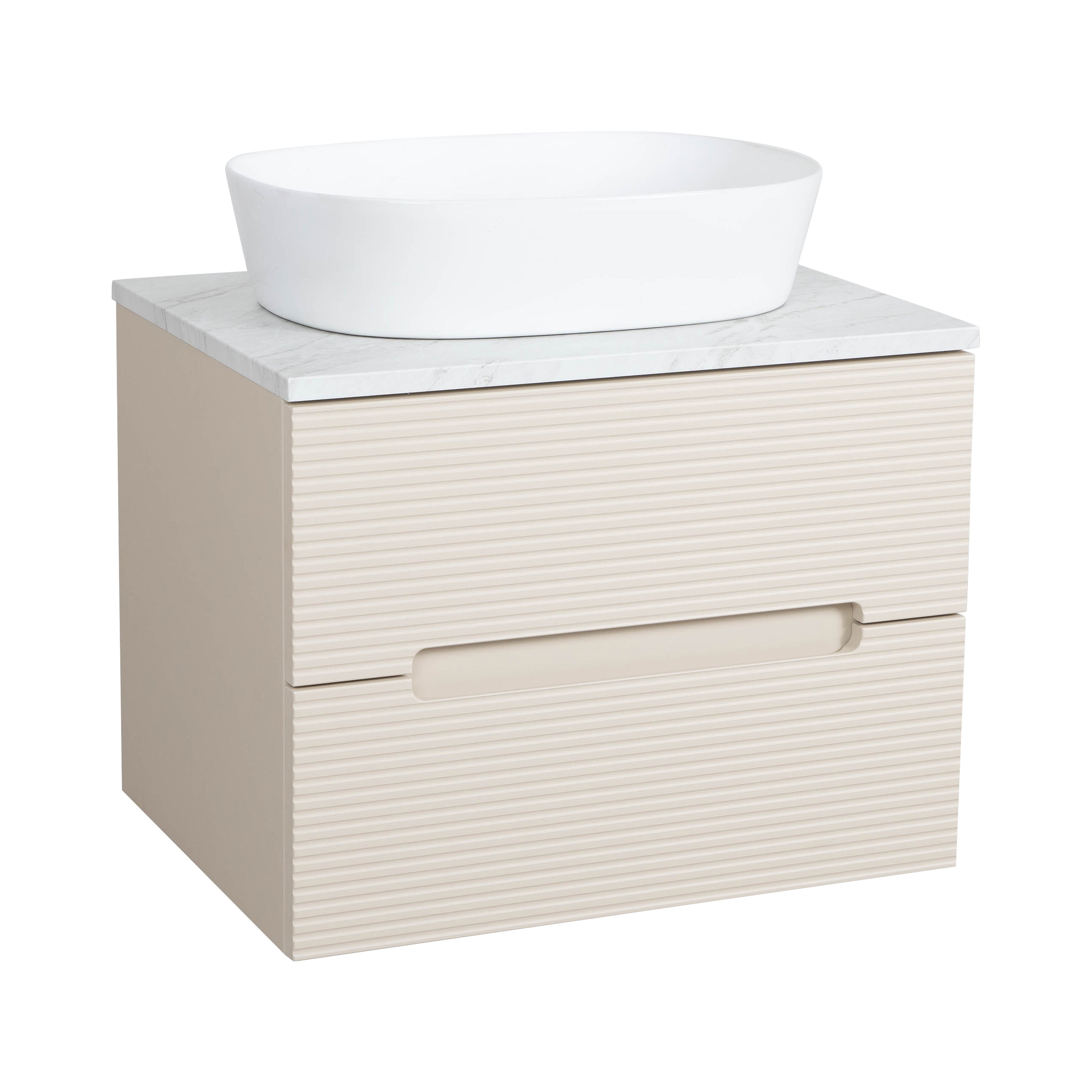 Monza Plus 600mm Fluted Wall Hung Vanity & Counter Top - Warm Oatmeal/Grey Marble