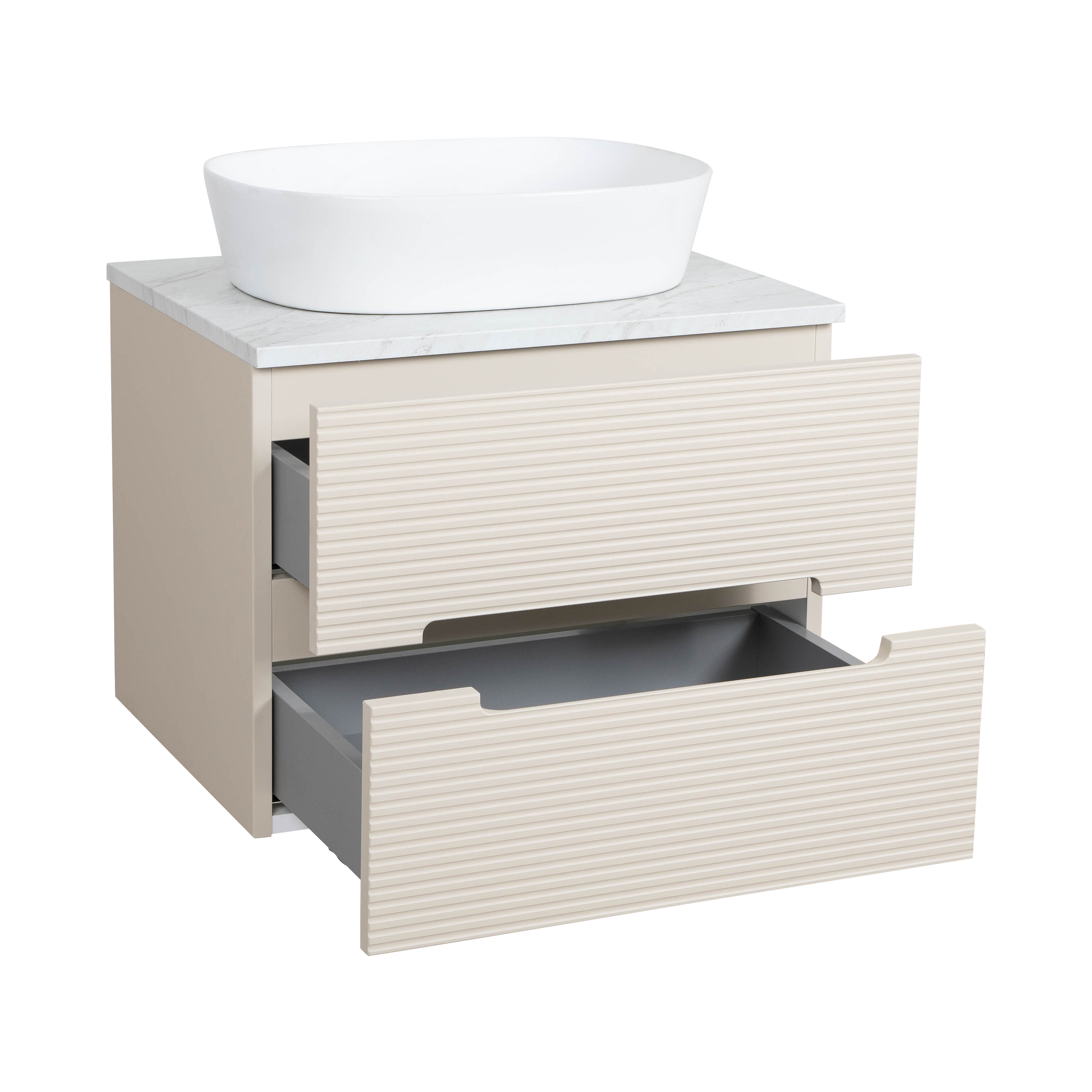 Monza Plus 600mm Fluted Wall Hung Vanity & Counter Top - Warm Oatmeal/Grey Marble