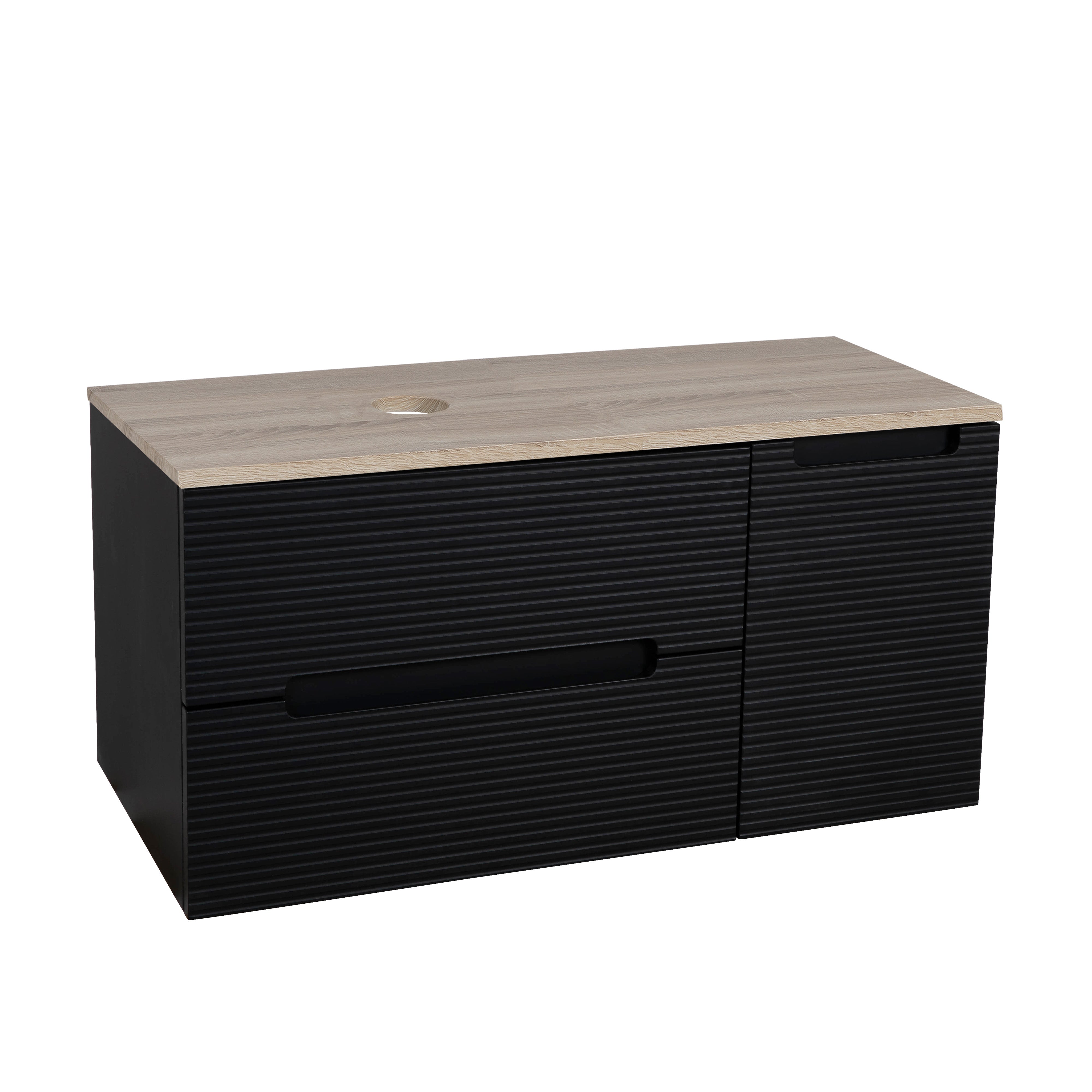 Monza Plus 900mm Fluted Wall Hung Vanity & Counter Top - Matte Black/Country Oak