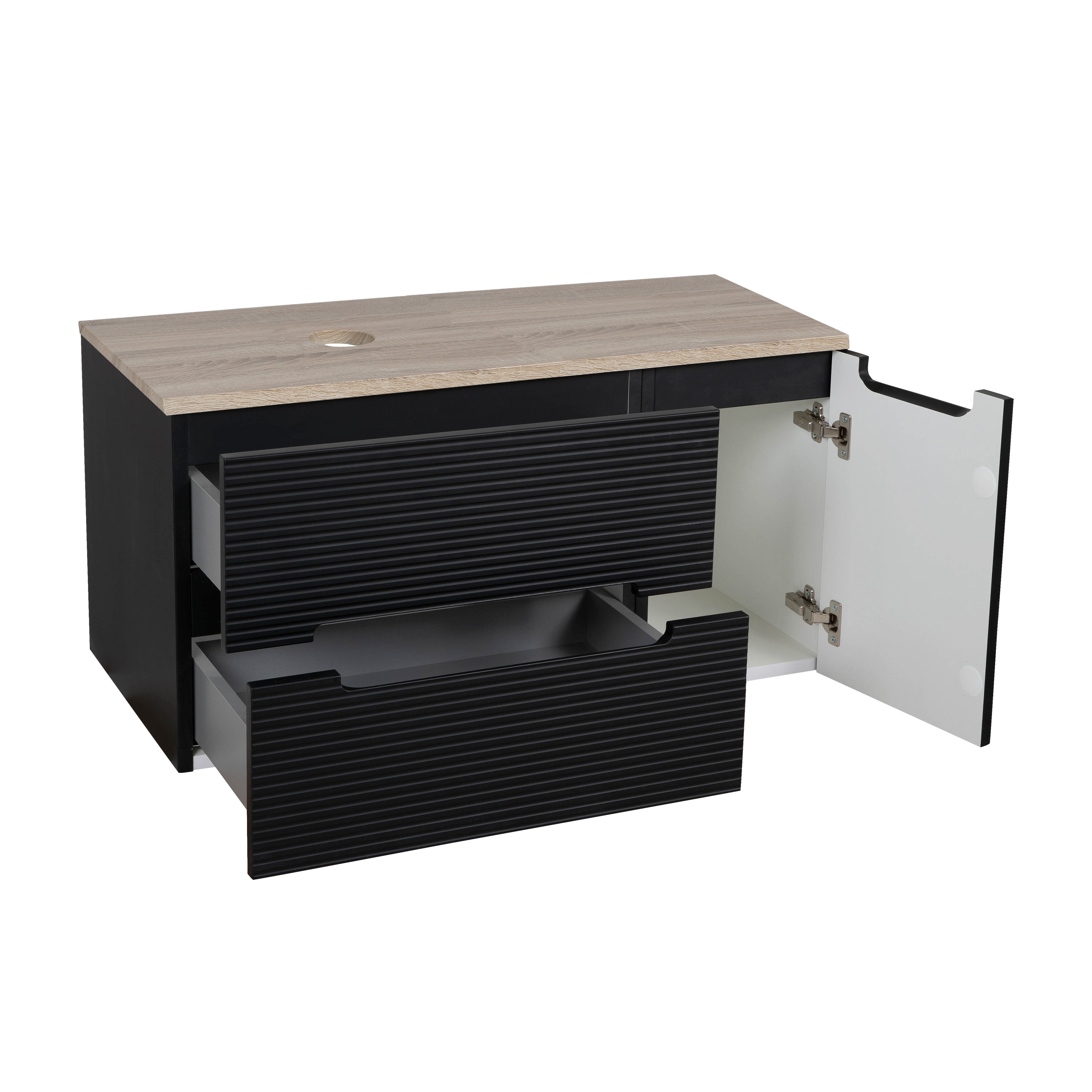 Monza Plus 900mm Fluted Wall Hung Vanity & Counter Top - Matte Black/Country Oak