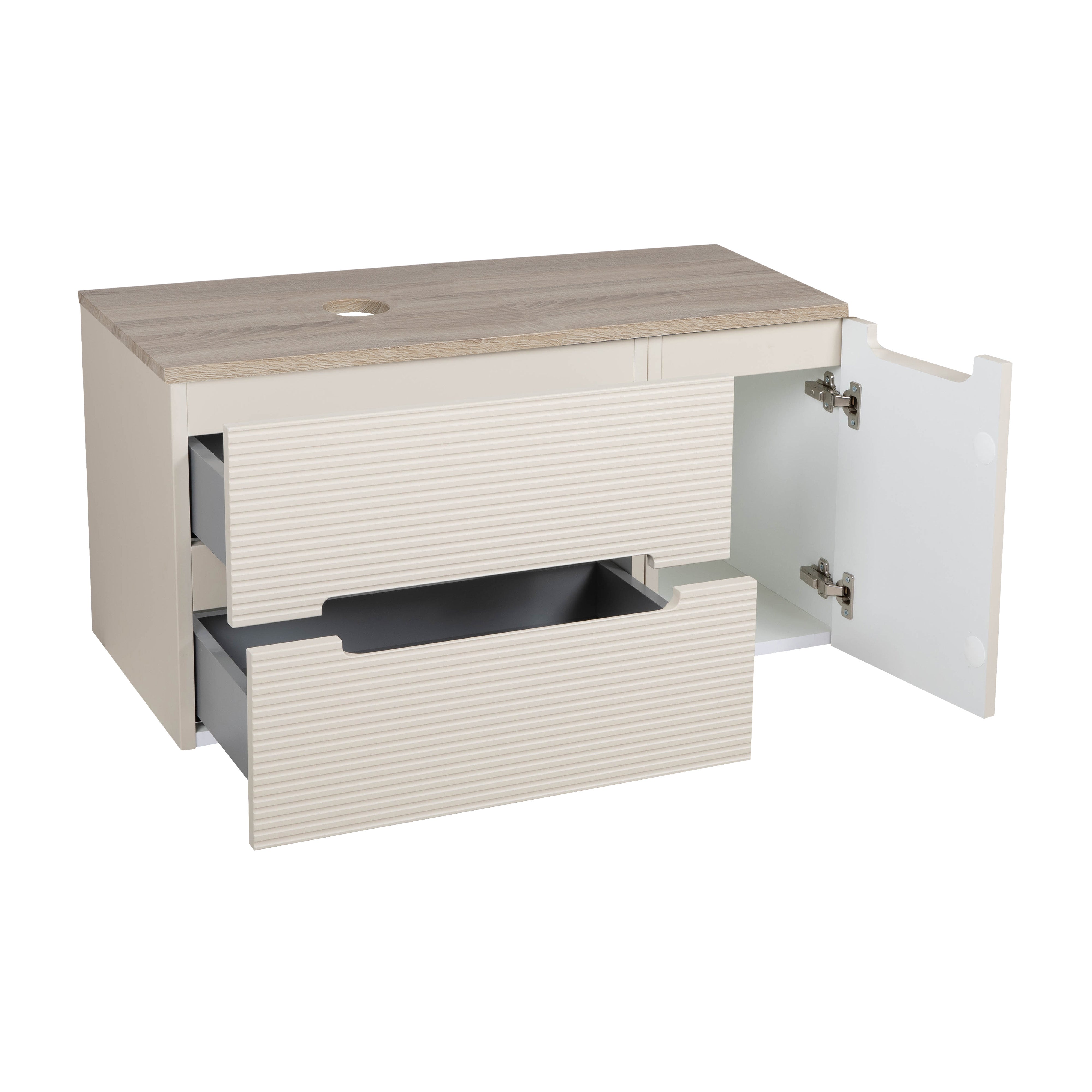 Monza Plus 900mm Fluted Wall Hung Vanity & Counter Top - Warm Oatmeal/Country Oak