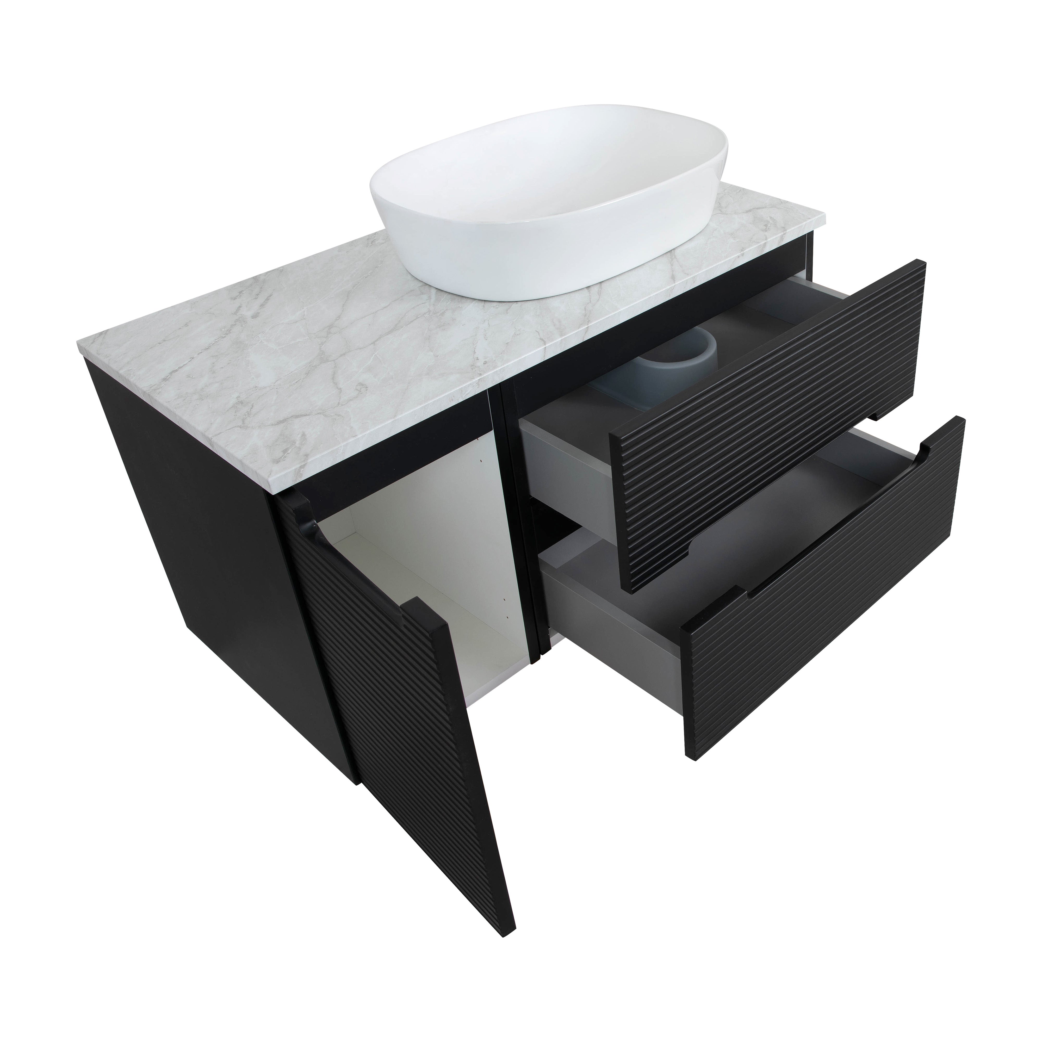 Monza Plus 900mm Fluted Wall Hung Vanity & Counter Top - Matte Black/Grey Marble