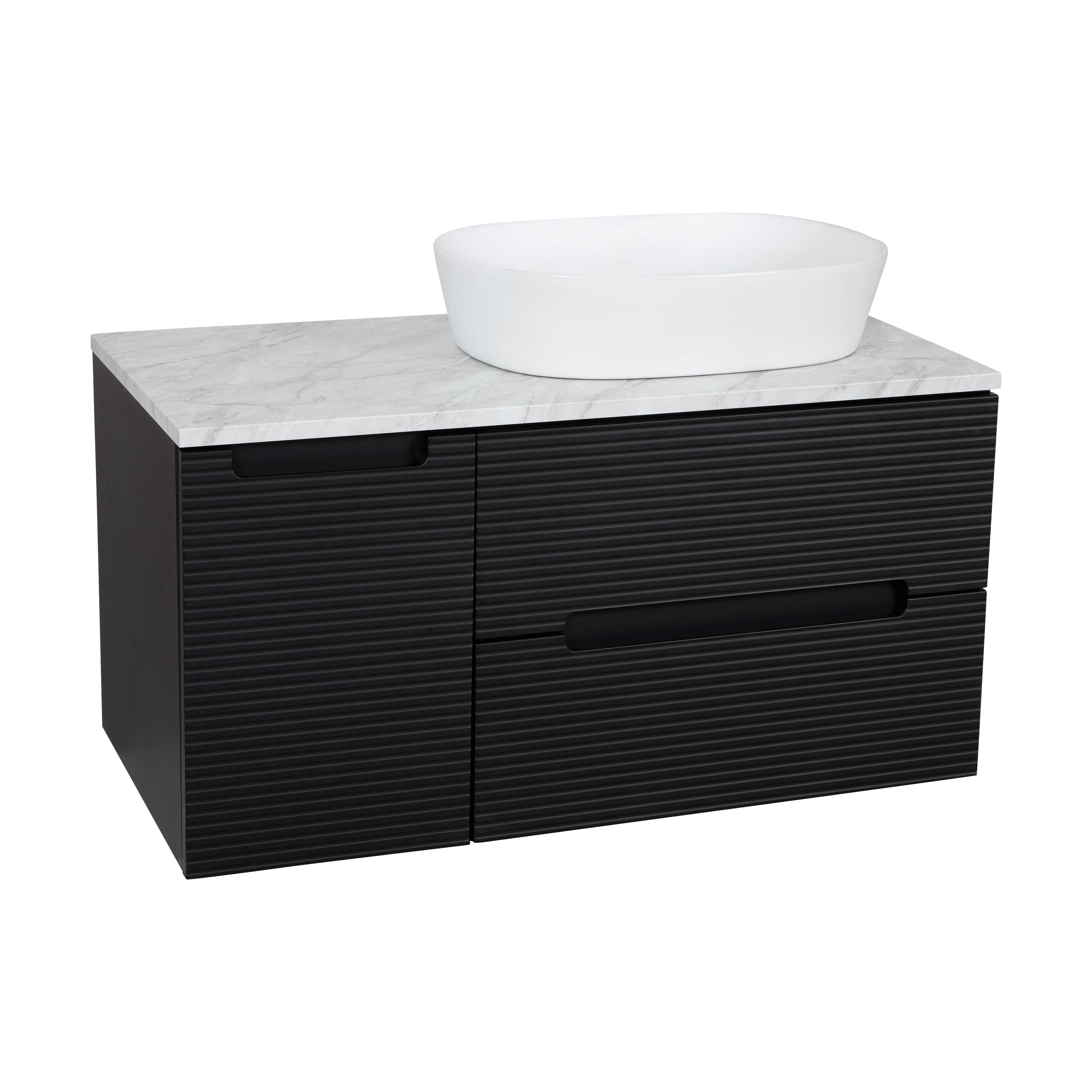 Monza Plus 900mm Fluted Wall Hung Vanity & Counter Top - Matte Black/Grey Marble