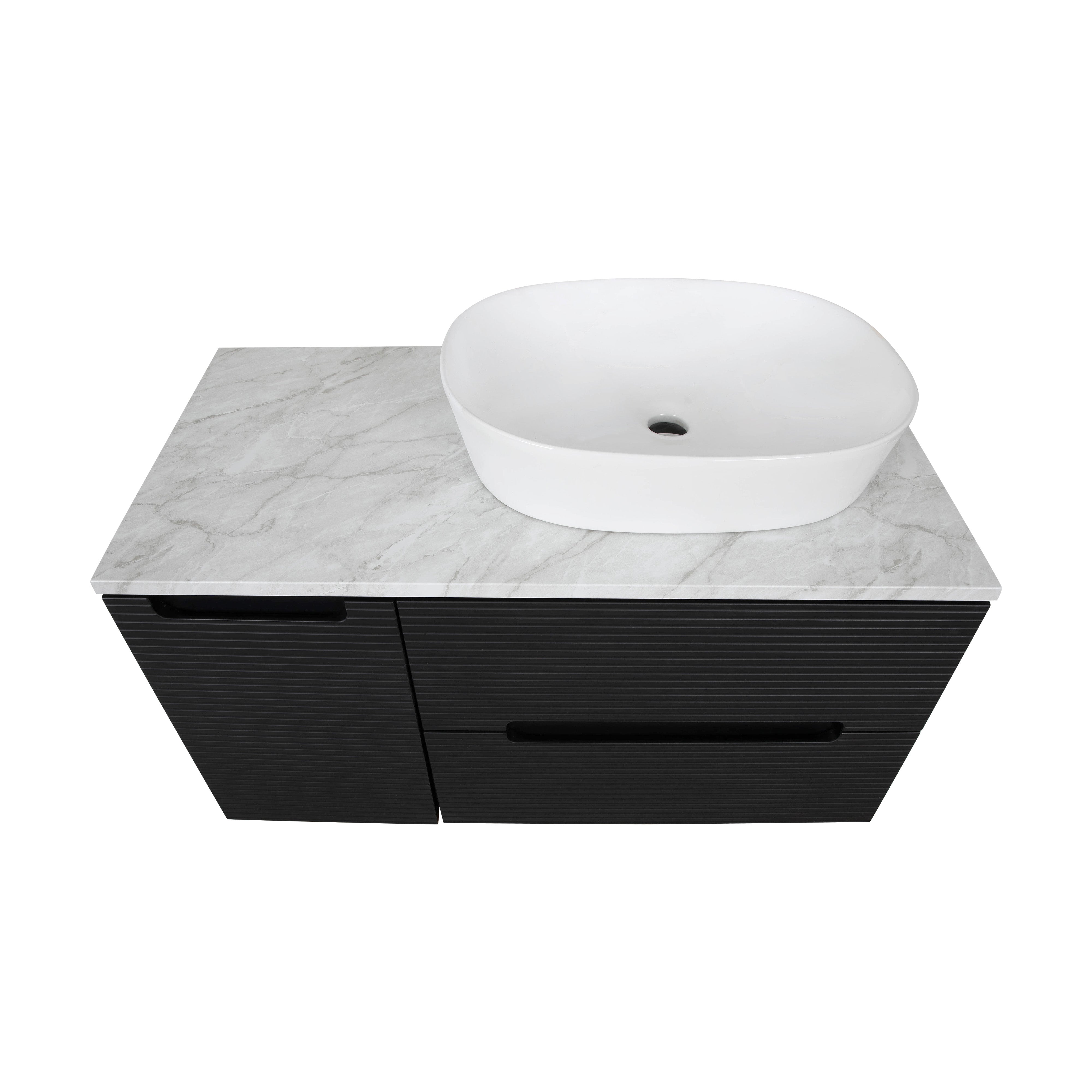 Monza Plus 900mm Fluted Wall Hung Vanity & Counter Top - Matte Black/Grey Marble