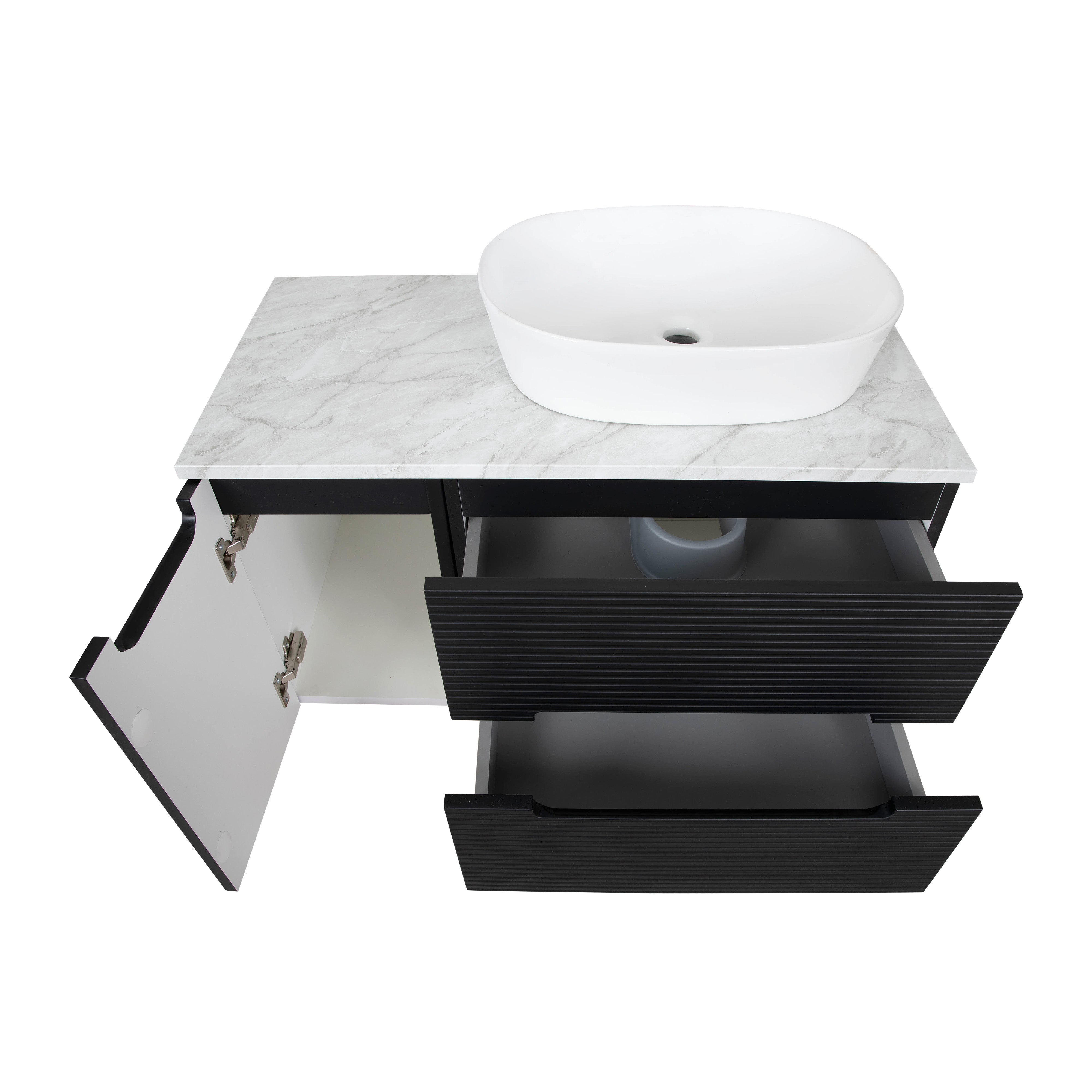 Monza Plus 900mm Fluted Wall Hung Vanity & Counter Top - Matte Black/Grey Marble