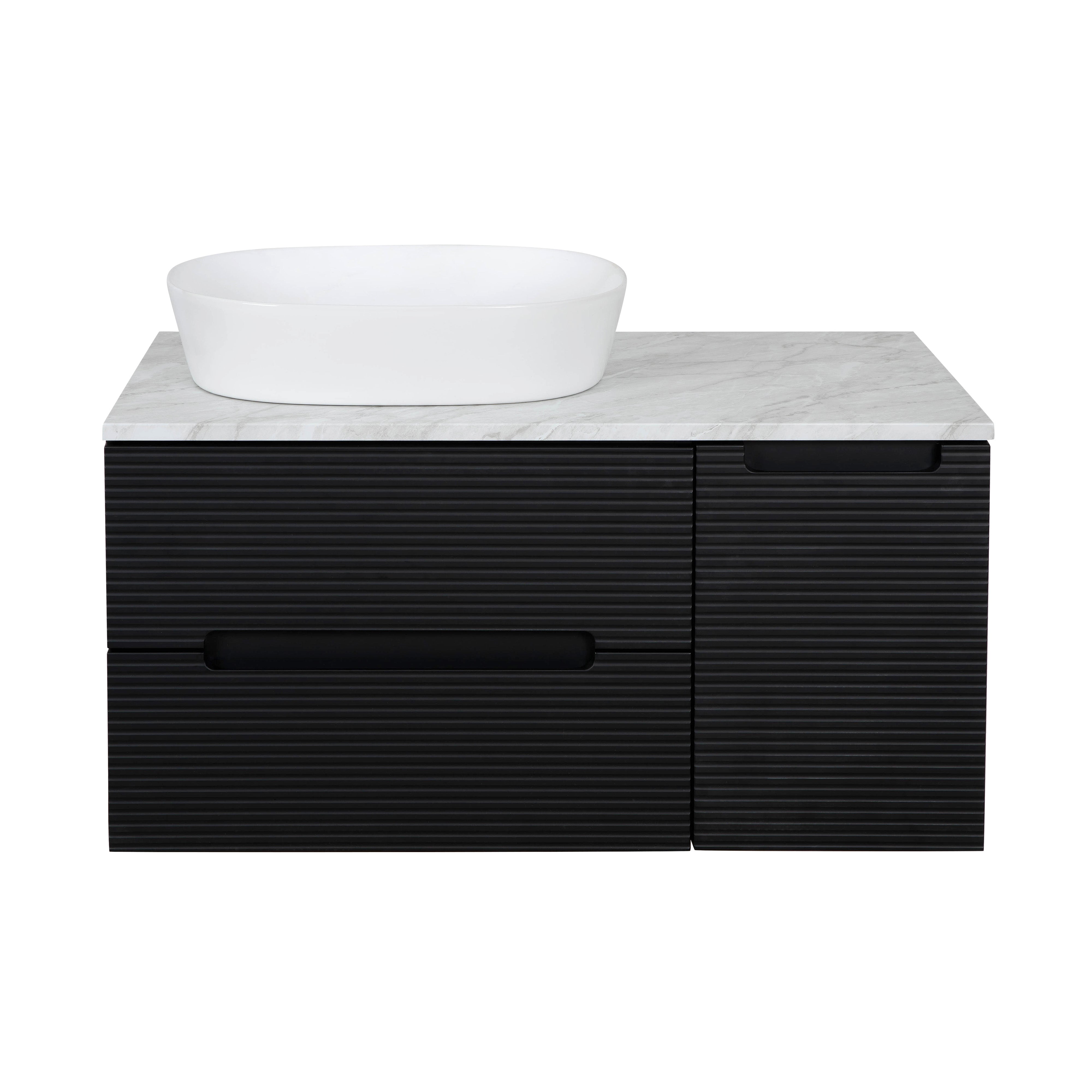 Monza Plus 900mm Fluted Wall Hung Vanity & Counter Top - Matte Black/Grey Marble