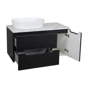 Monza Plus 900mm Fluted Wall Hung Vanity & Counter Top - Matte Black/Grey Marble