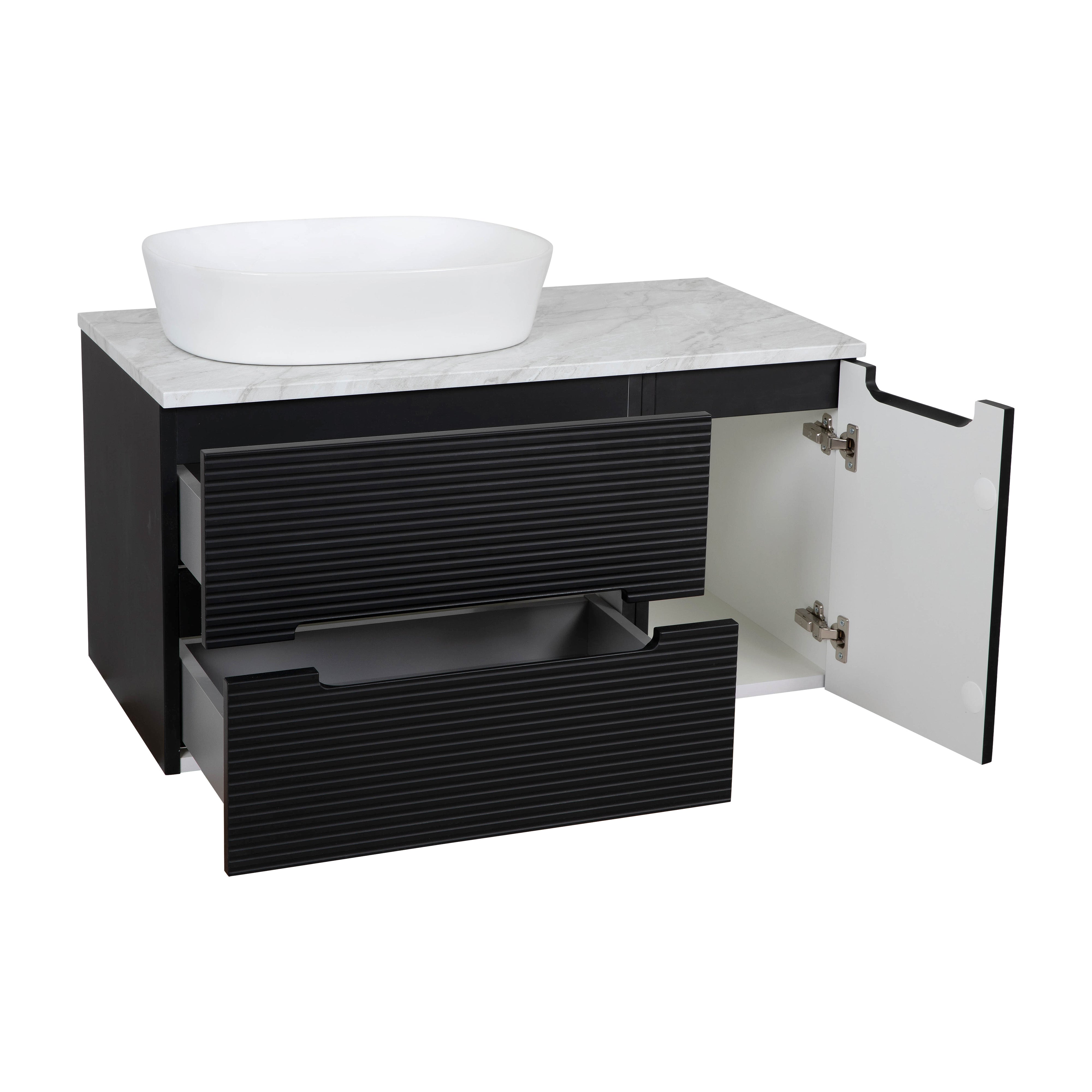 Monza Plus 900mm Fluted Wall Hung Vanity & Counter Top - Matte Black/Grey Marble