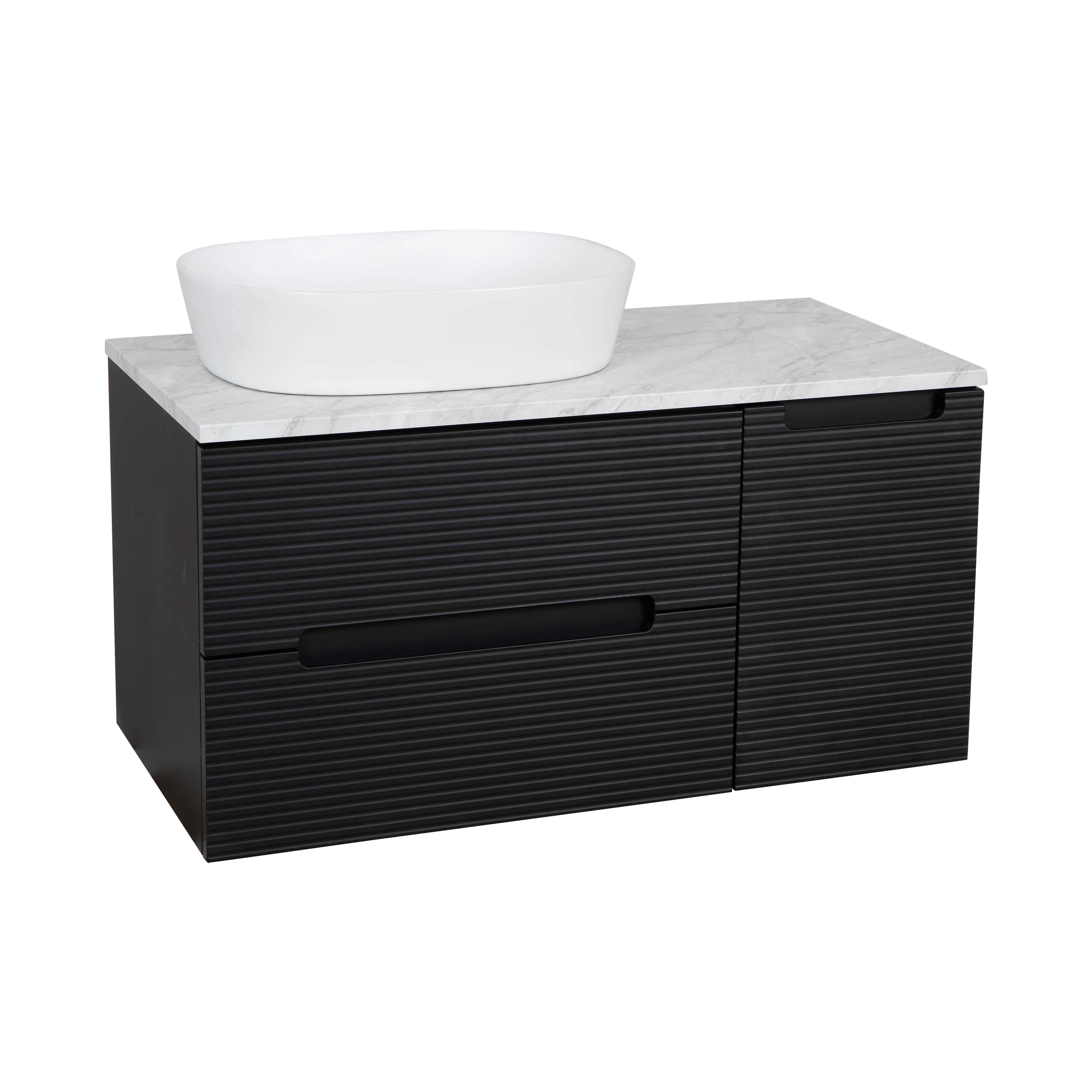 Monza Plus 900mm Fluted Wall Hung Vanity & Counter Top - Matte Black/Grey Marble