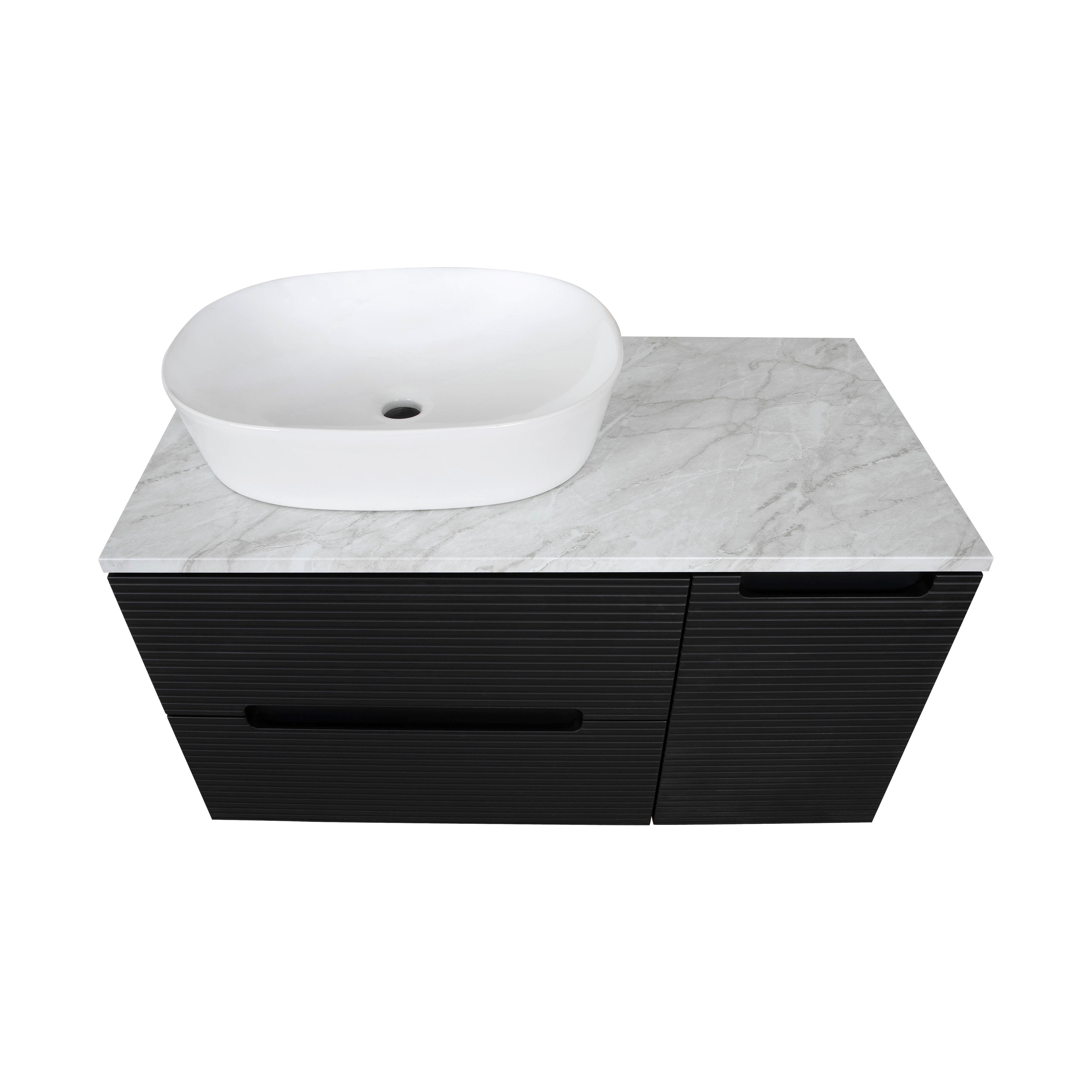 Monza Plus 900mm Fluted Wall Hung Vanity & Counter Top - Matte Black/Grey Marble