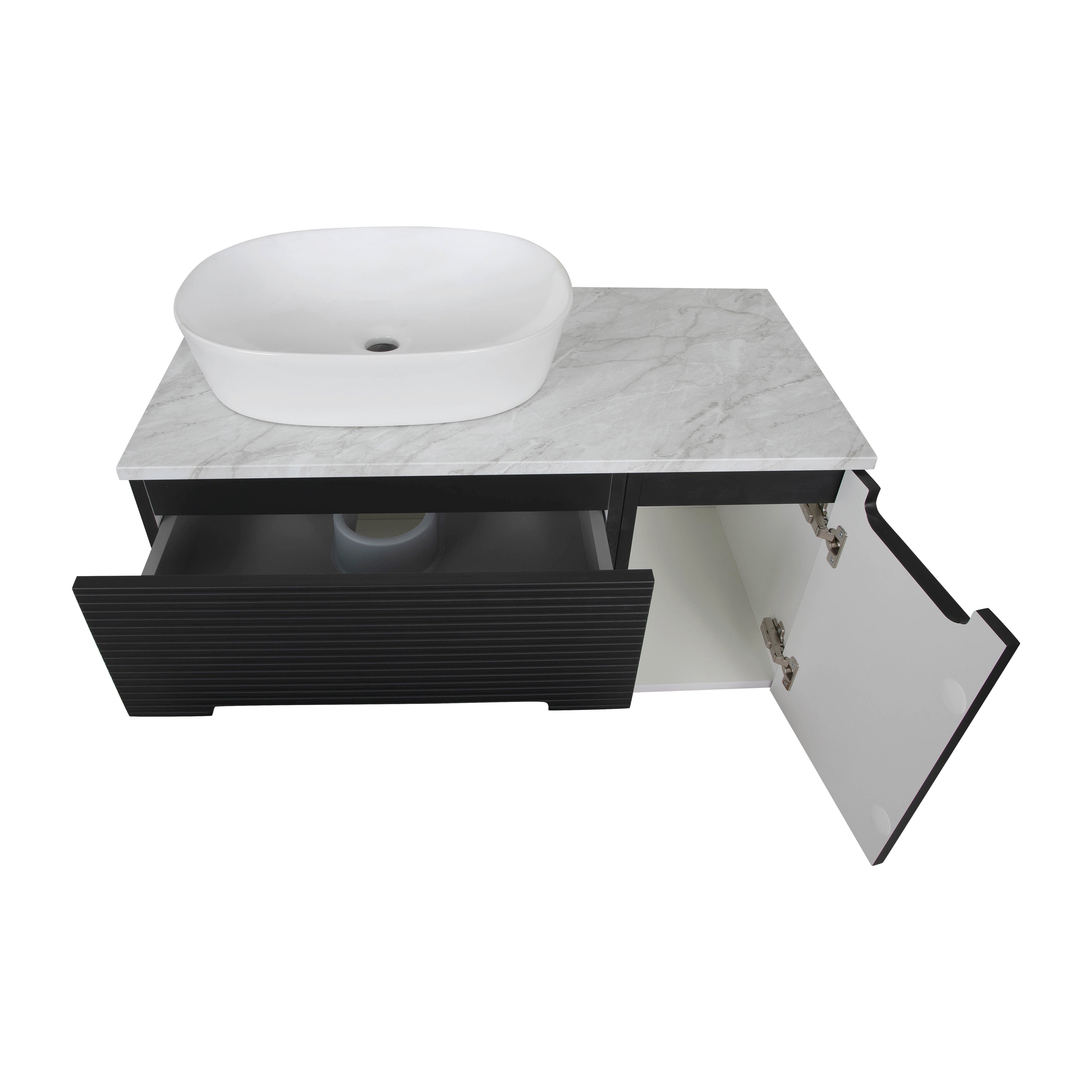 Monza Plus 900mm Fluted Wall Hung Vanity & Counter Top - Matte Black/Grey Marble