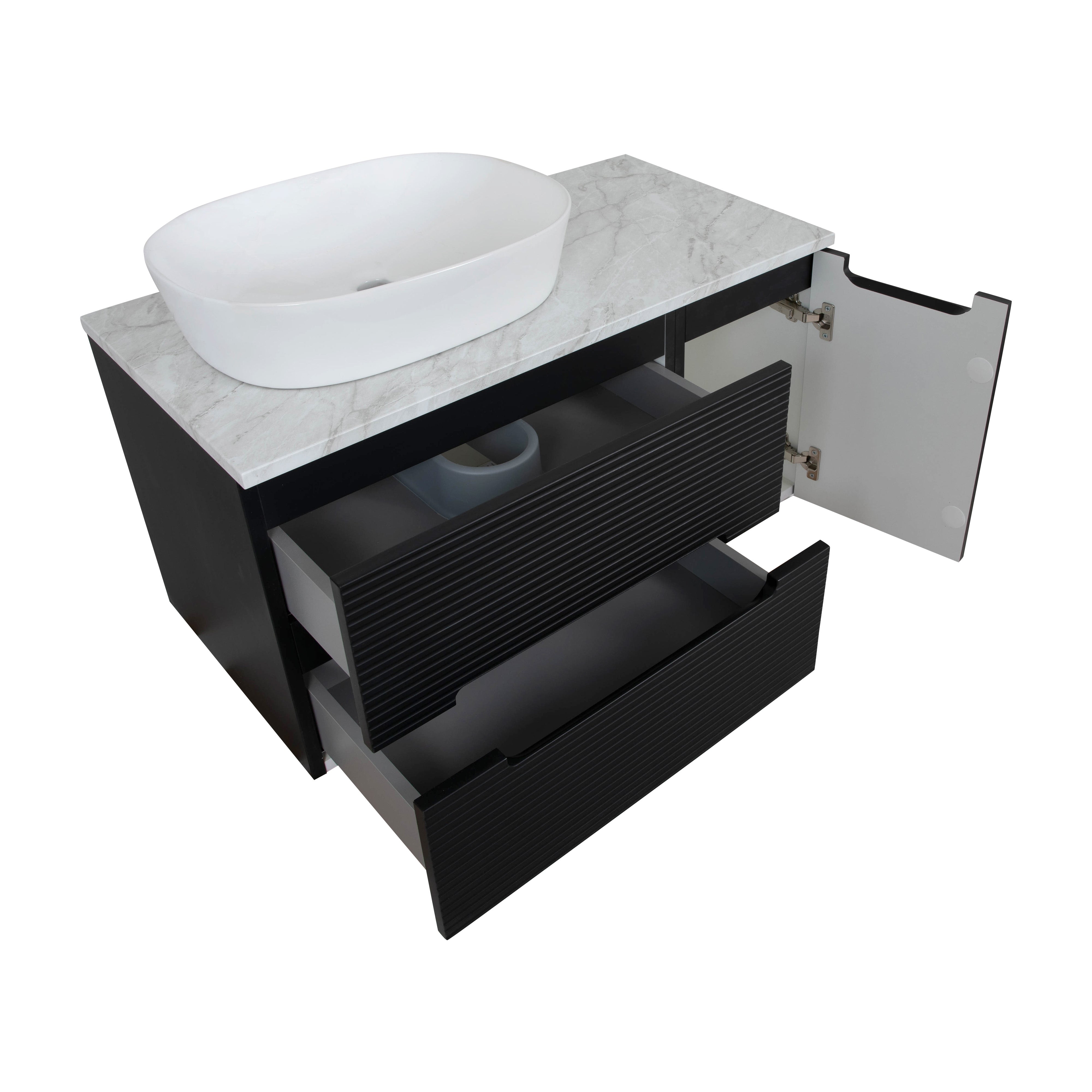 Monza Plus 900mm Fluted Wall Hung Vanity & Counter Top - Matte Black/Grey Marble