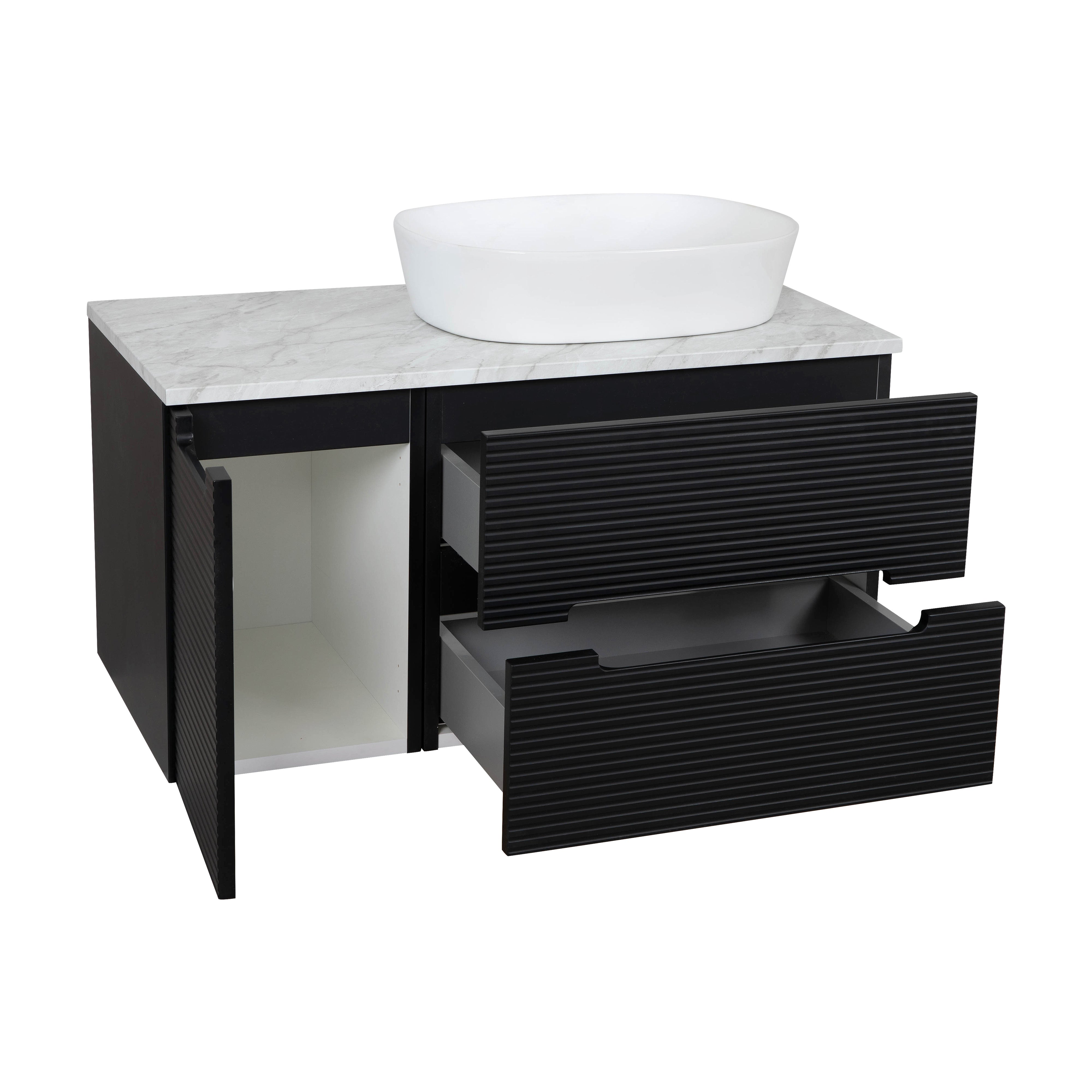 Monza Plus 900mm Fluted Wall Hung Vanity & Counter Top - Matte Black/Grey Marble