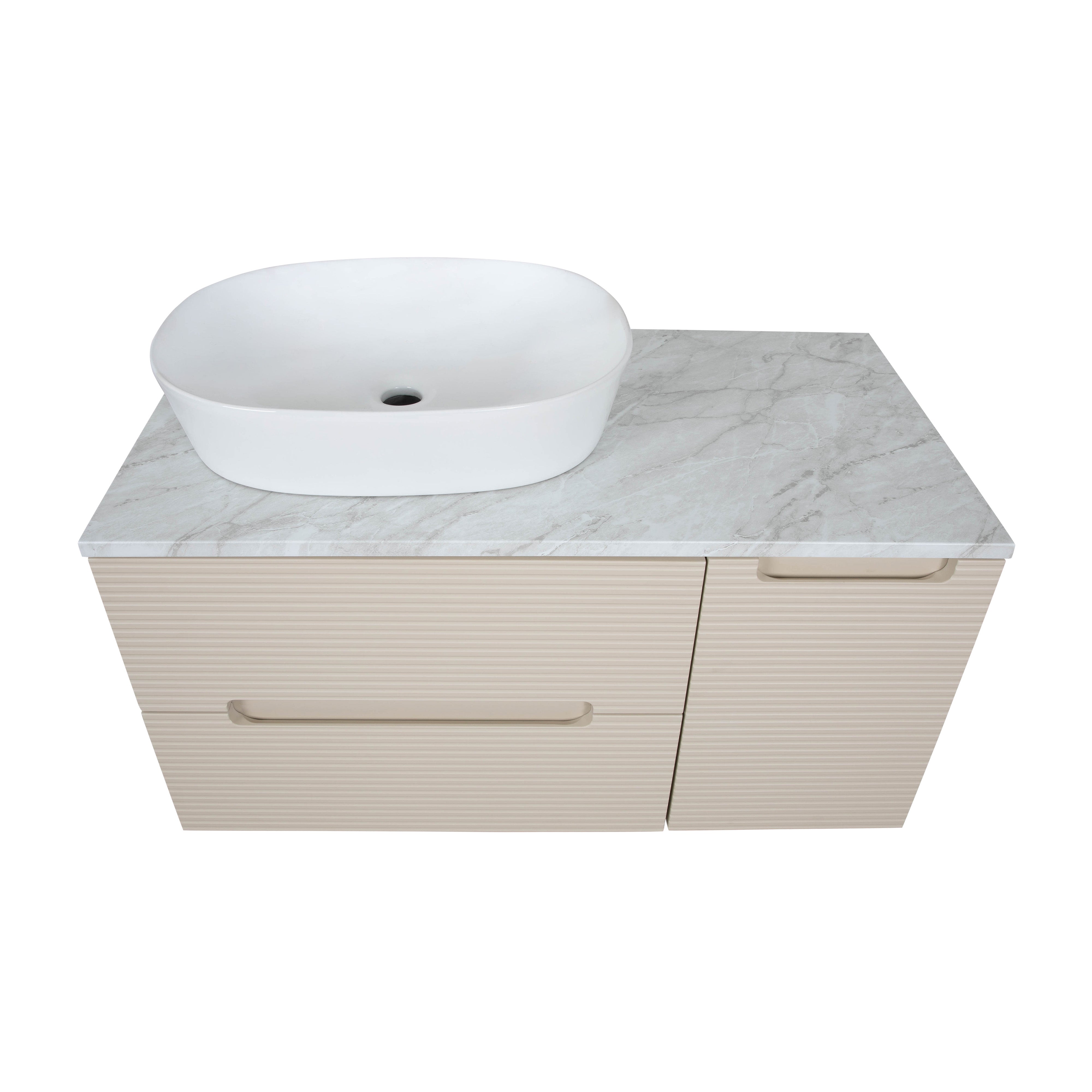 Monza Plus 900mm Fluted Wall Hung Vanity & Counter Top - Warm Oatmeal/Grey Marble
