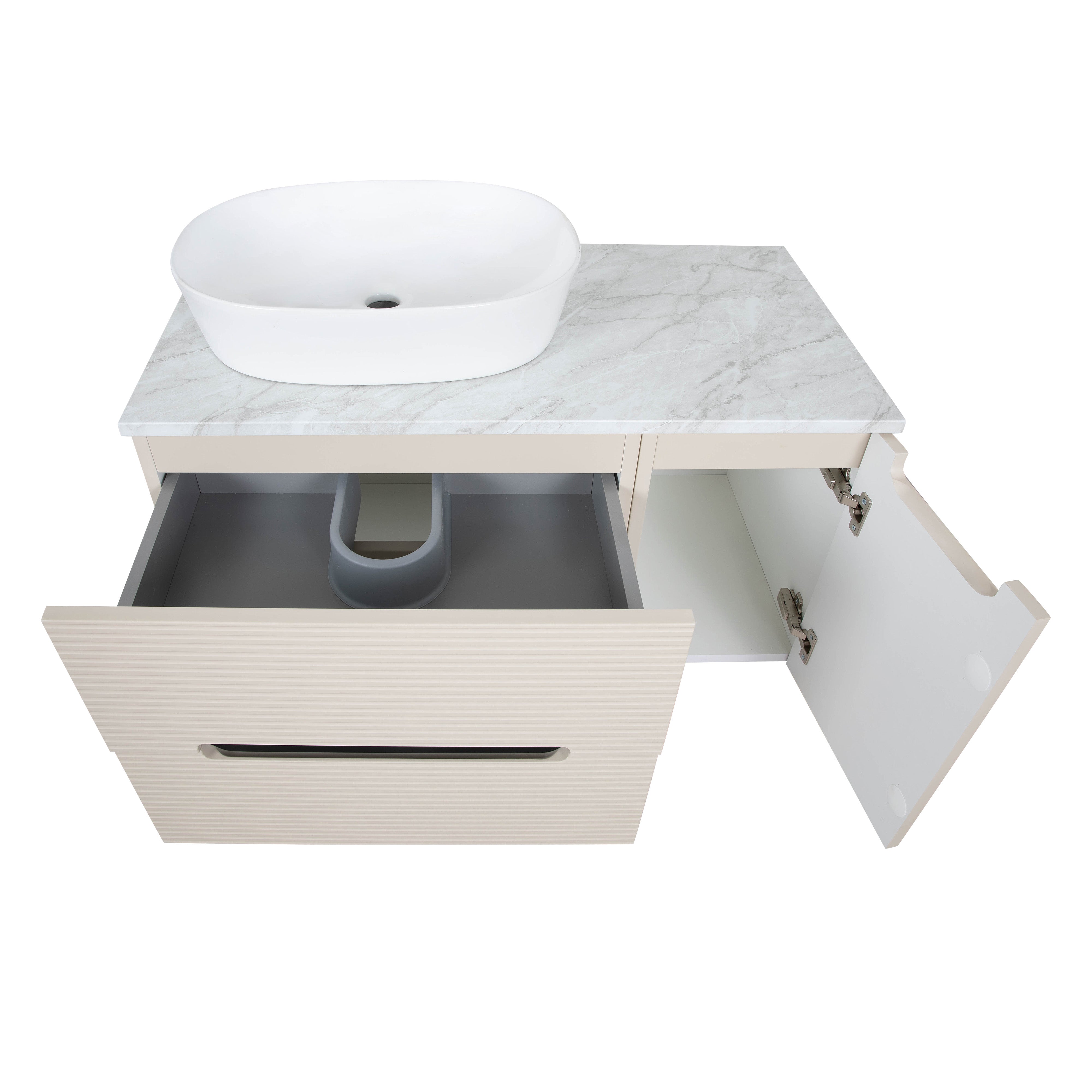 Monza Plus 900mm Fluted Wall Hung Vanity & Counter Top - Warm Oatmeal/Grey Marble