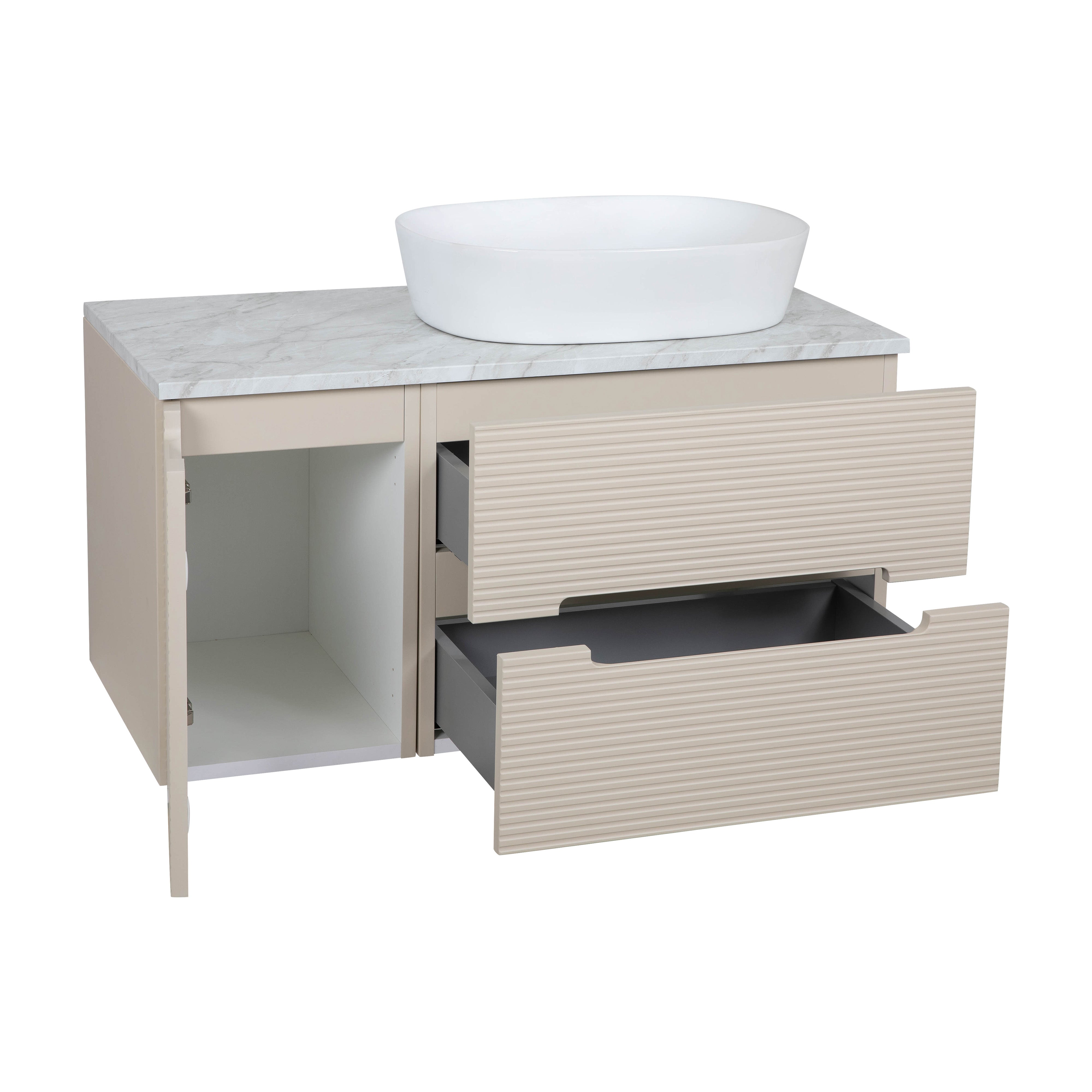 Monza Plus 900mm Fluted Wall Hung Vanity & Counter Top - Warm Oatmeal/Grey Marble