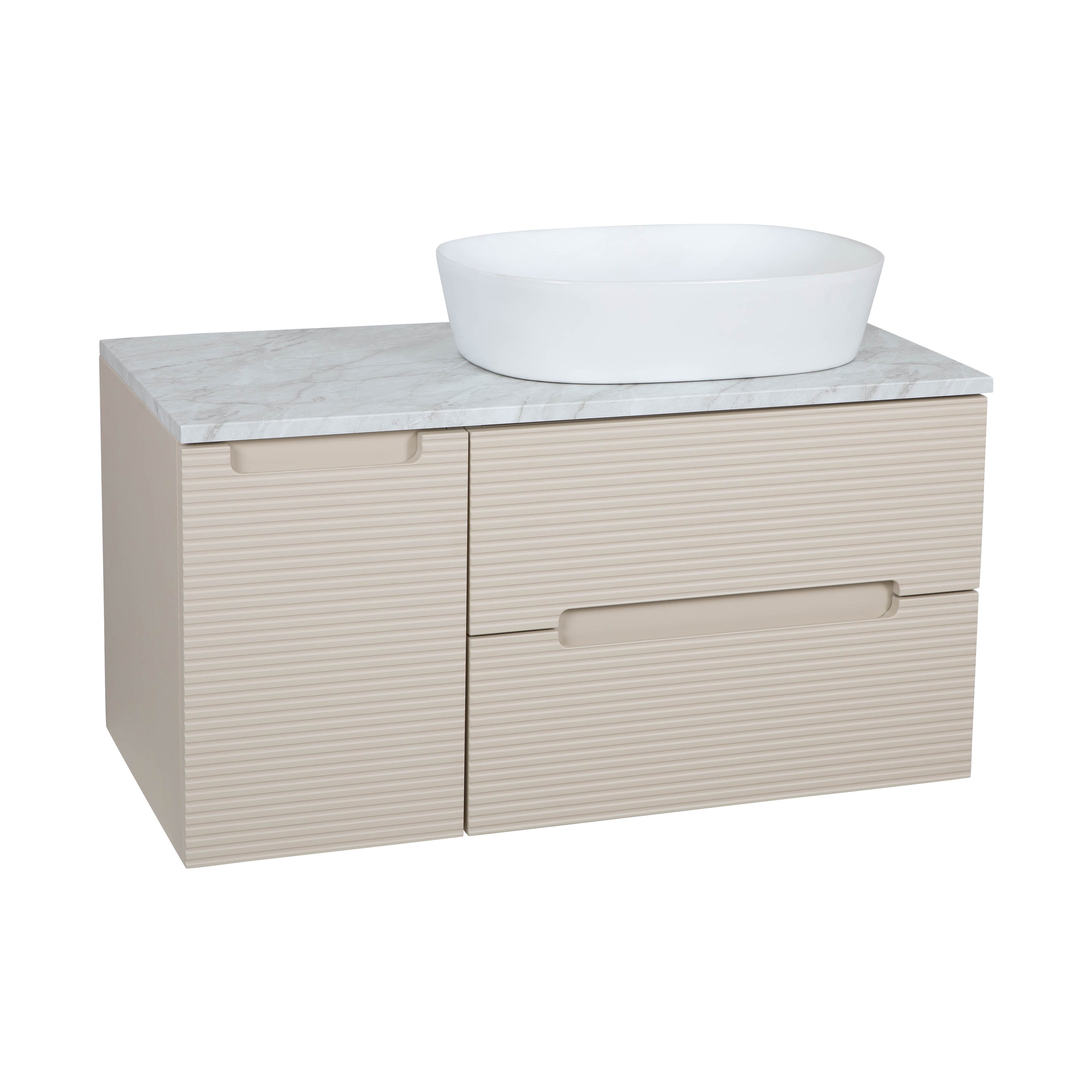 Monza Plus 900mm Fluted Wall Hung Vanity & Counter Top - Warm Oatmeal/Grey Marble
