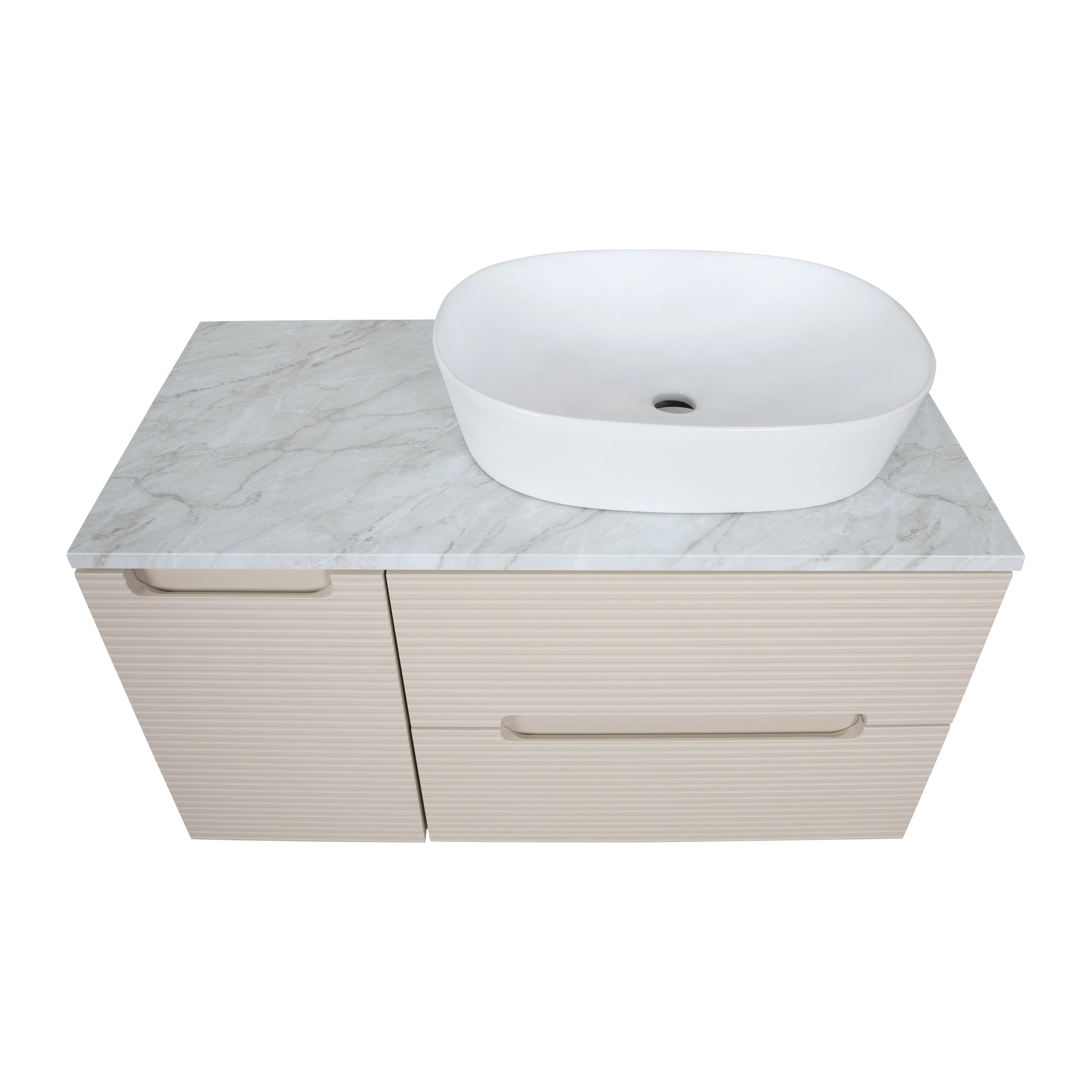 Monza Plus 900mm Fluted Wall Hung Vanity & Counter Top - Warm Oatmeal/Grey Marble