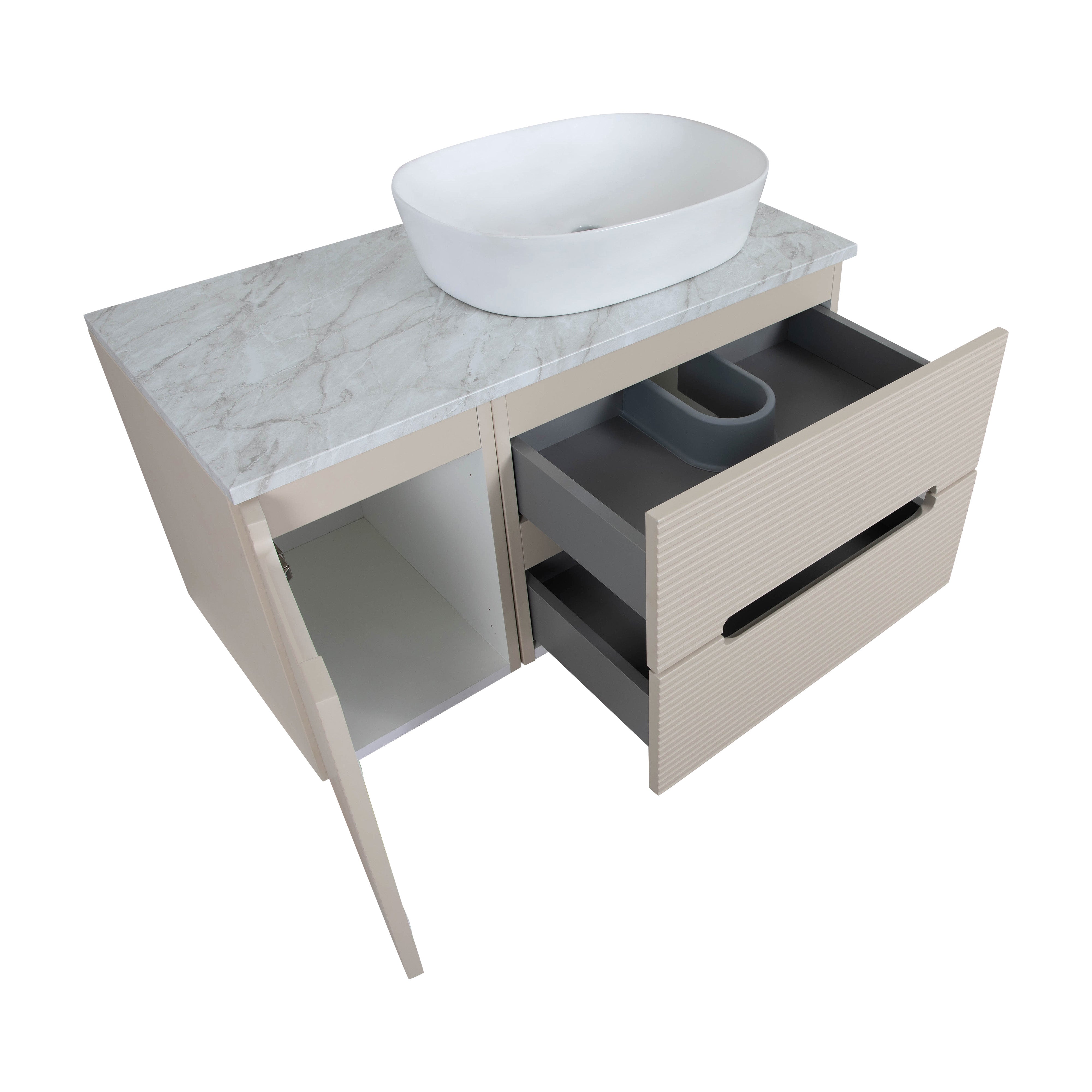 Monza Plus 900mm Fluted Wall Hung Vanity & Counter Top - Warm Oatmeal/Grey Marble
