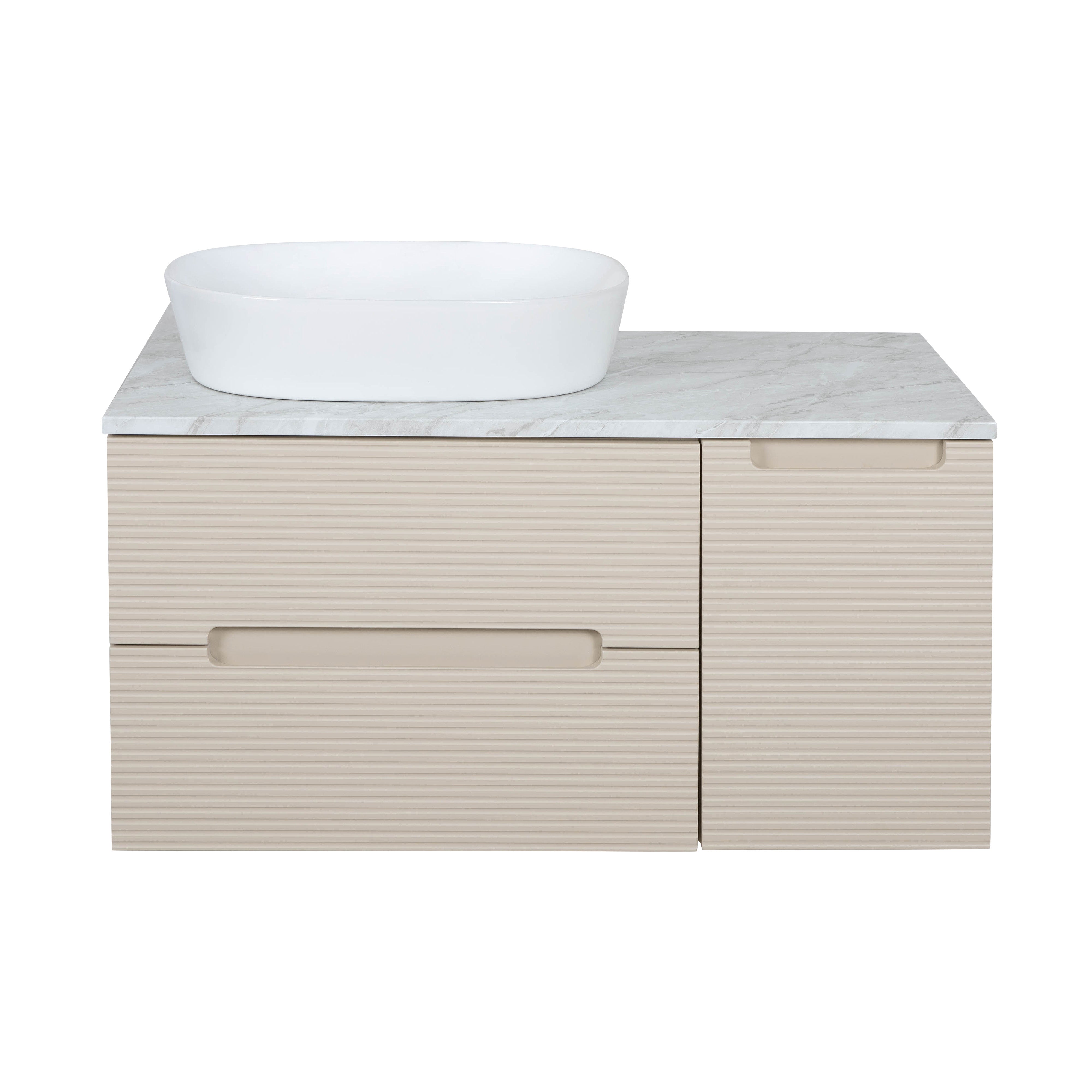 Monza Plus 900mm Fluted Wall Hung Vanity & Counter Top - Warm Oatmeal/Grey Marble