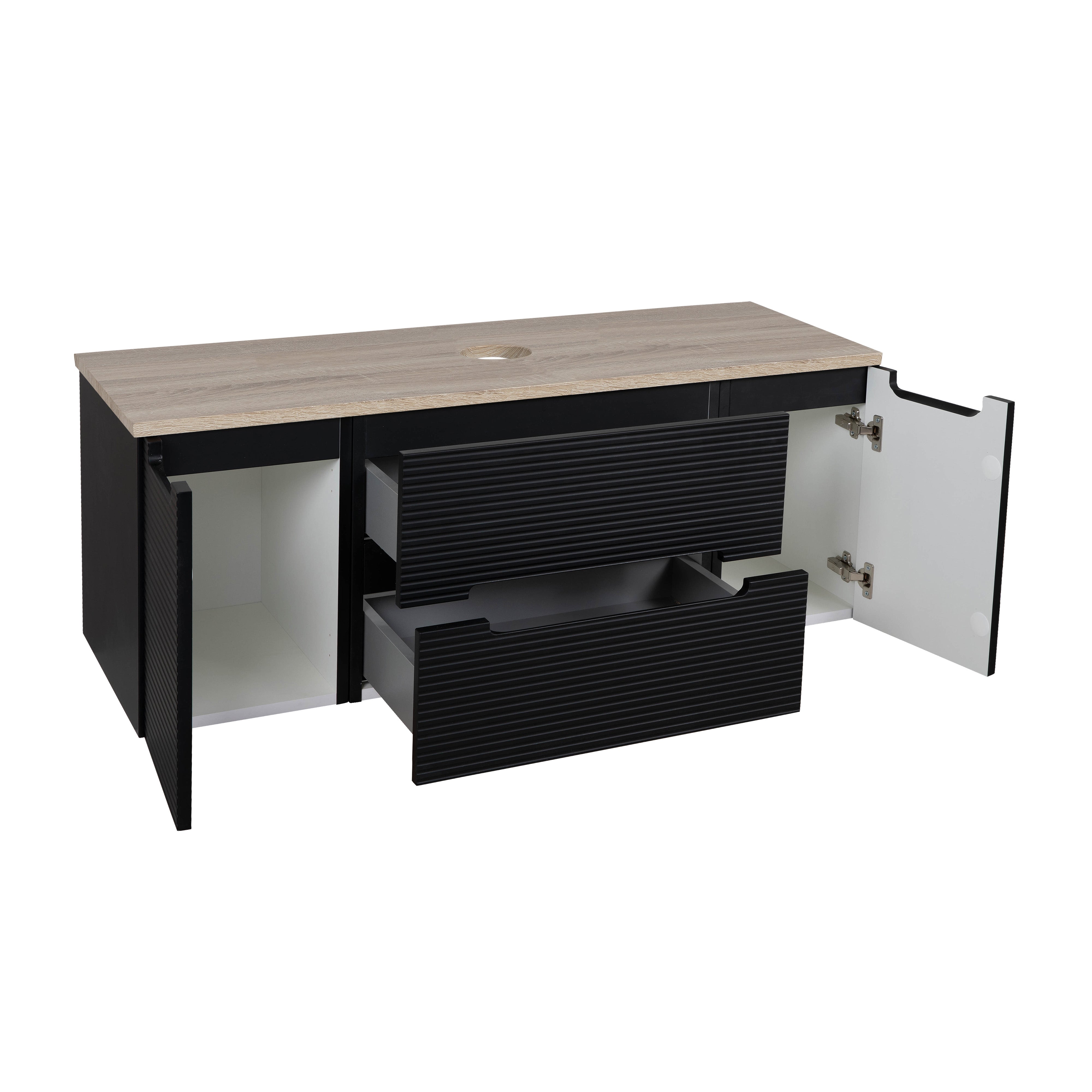 Monza Plus 1200mm Fluted Wall Hung Vanity w. 2 Side Cabinets & Counter Top - Matte Black/Country Oak