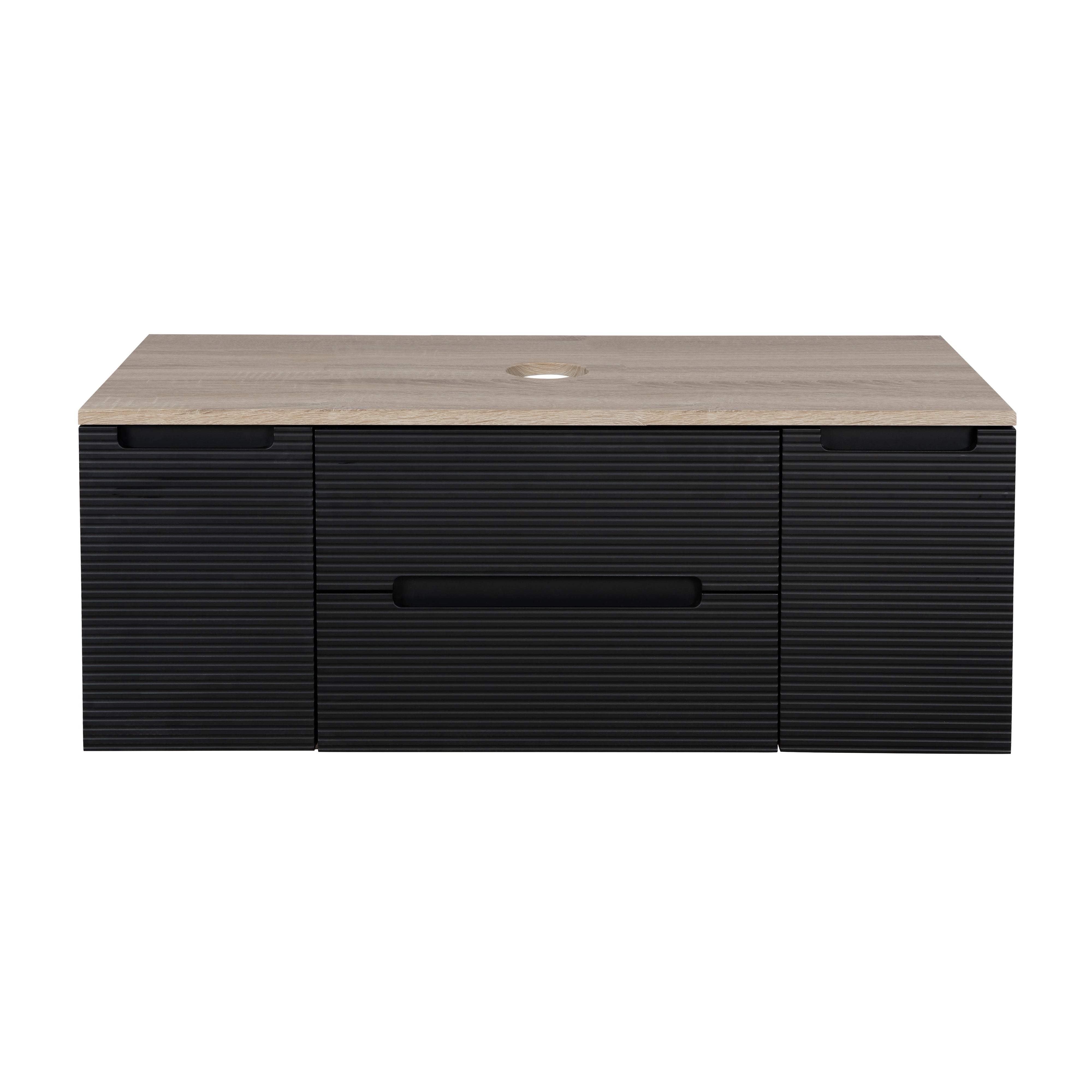 Monza Plus 1200mm Fluted Wall Hung Vanity w. 2 Side Cabinets & Counter Top - Matte Black/Country Oak