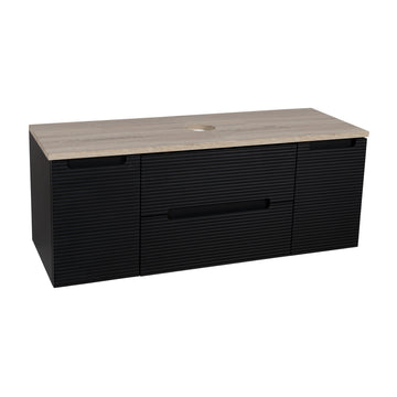 Monza Plus 1200mm Fluted Wall Hung Vanity w. 2 Side Cabinets & Counter Top - Matte Black/Country Oak