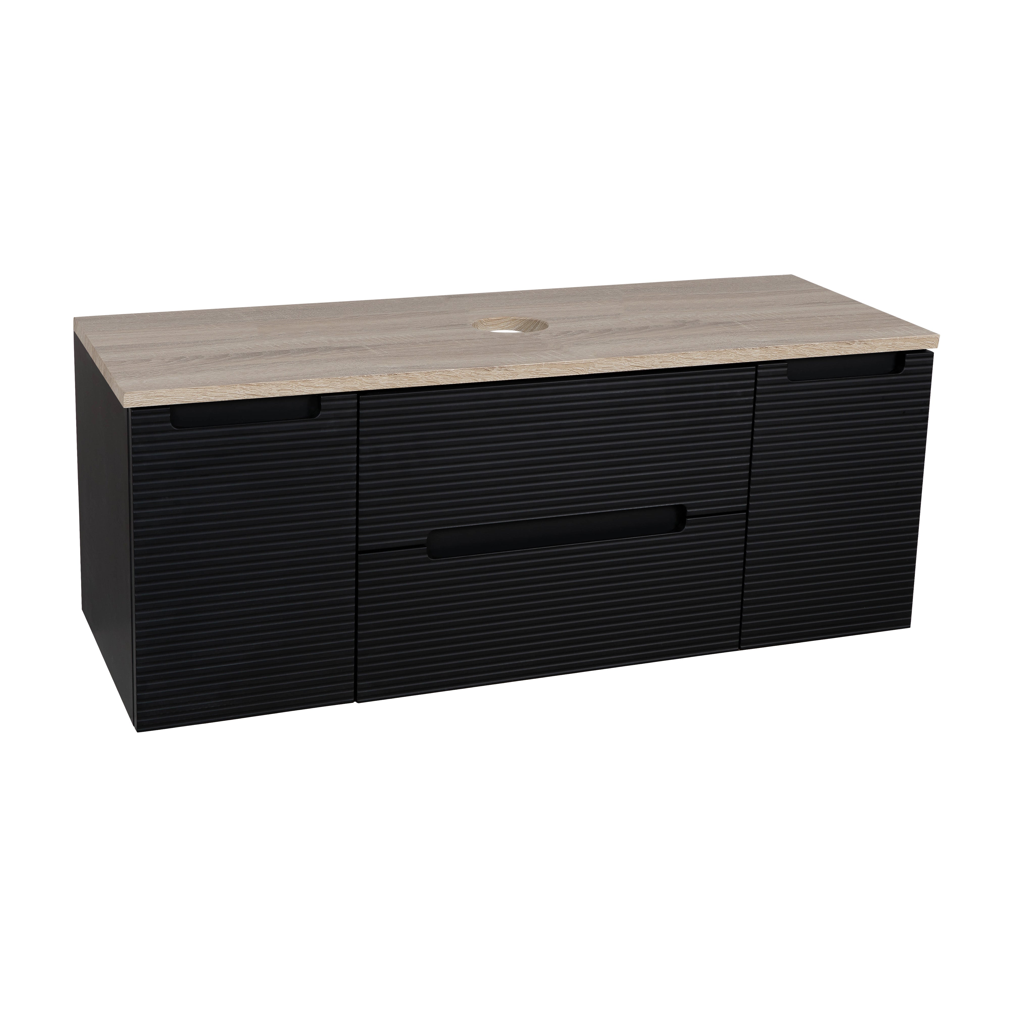 Monza Plus 1200mm Fluted Wall Hung Vanity w. 2 Side Cabinets & Counter Top - Matte Black/Country Oak