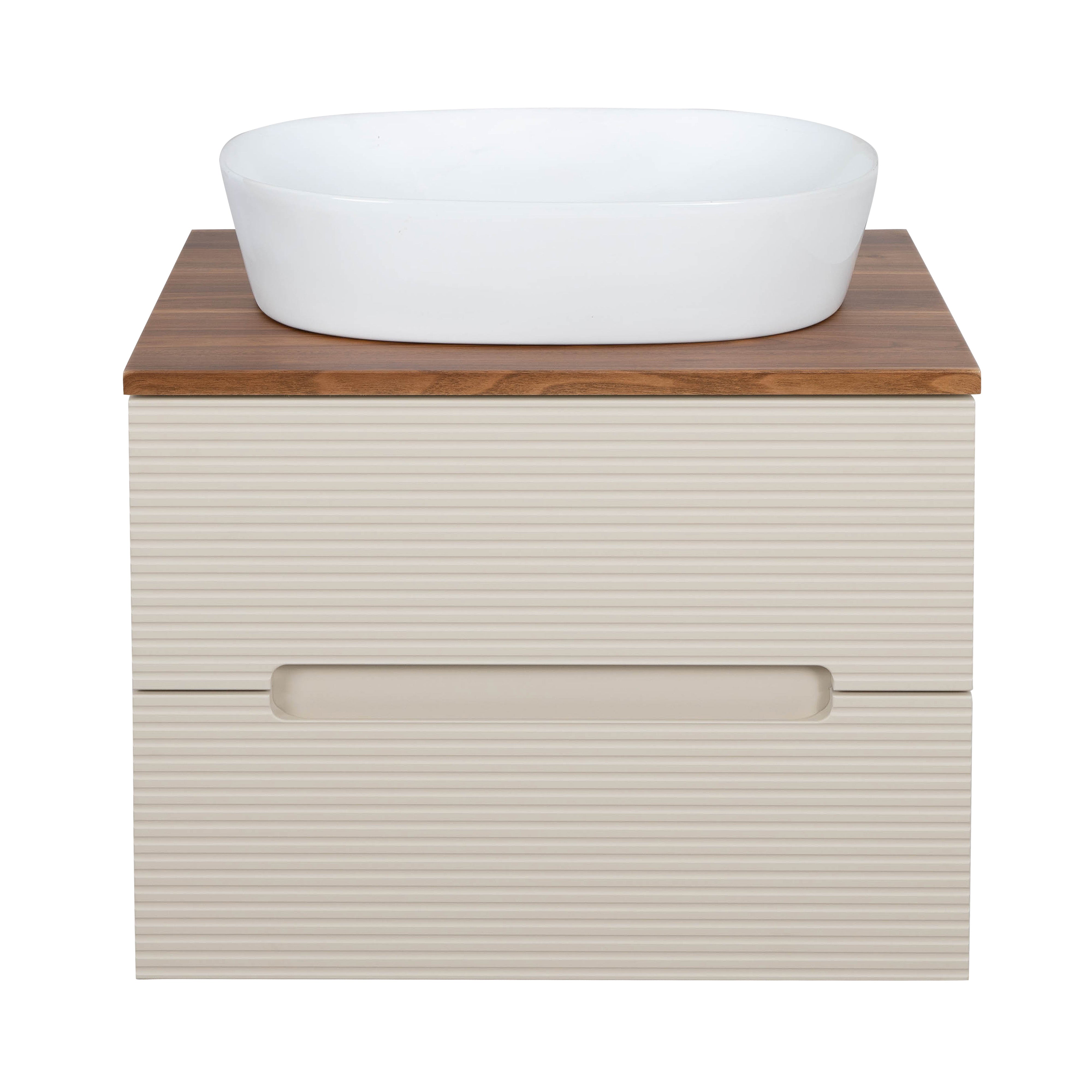 Monza Plus 600mm Fluted Wall Hung Vanity & Counter Top - Warm Oatmeal/Cali Walnut