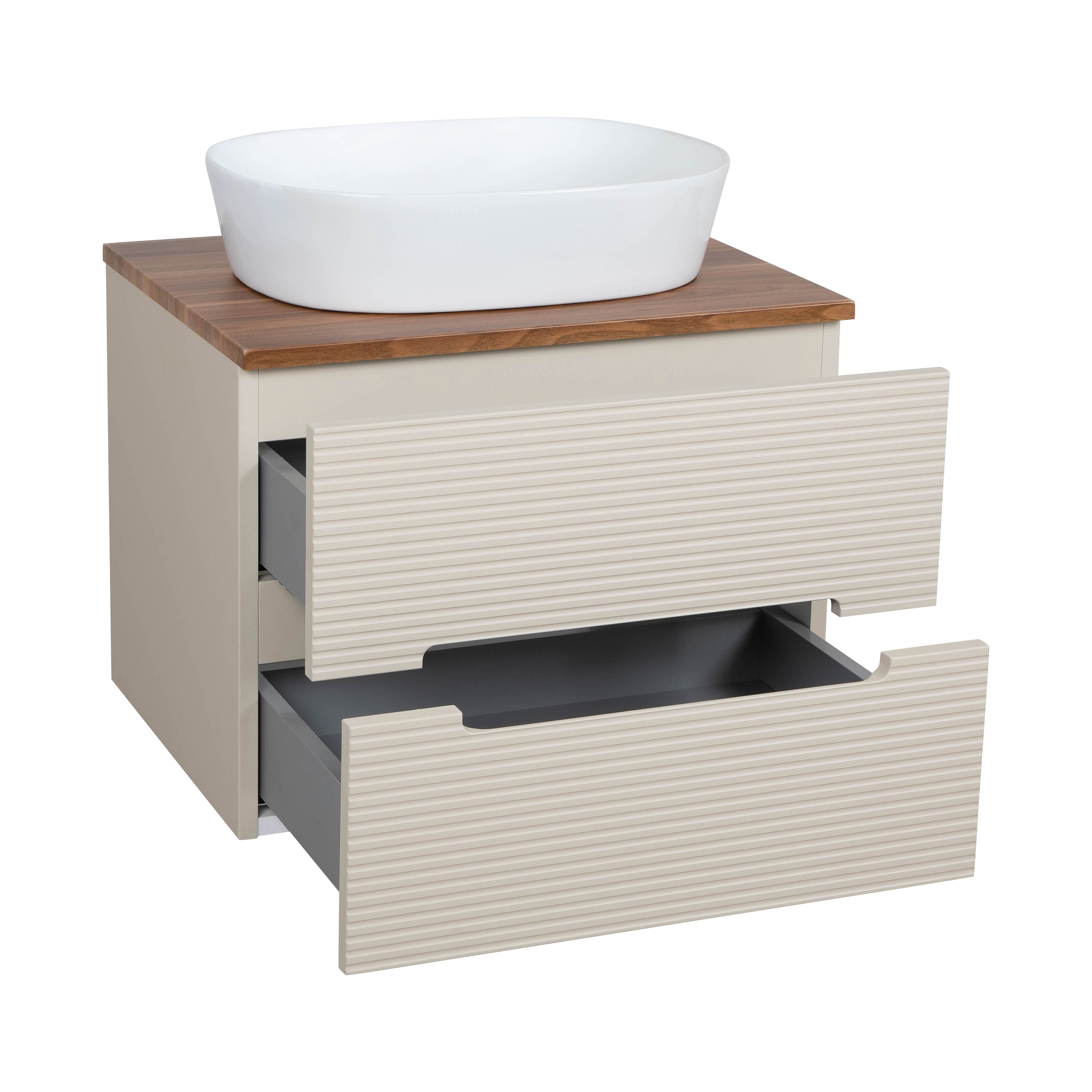 Monza Plus 600mm Fluted Wall Hung Vanity & Counter Top - Warm Oatmeal/Cali Walnut
