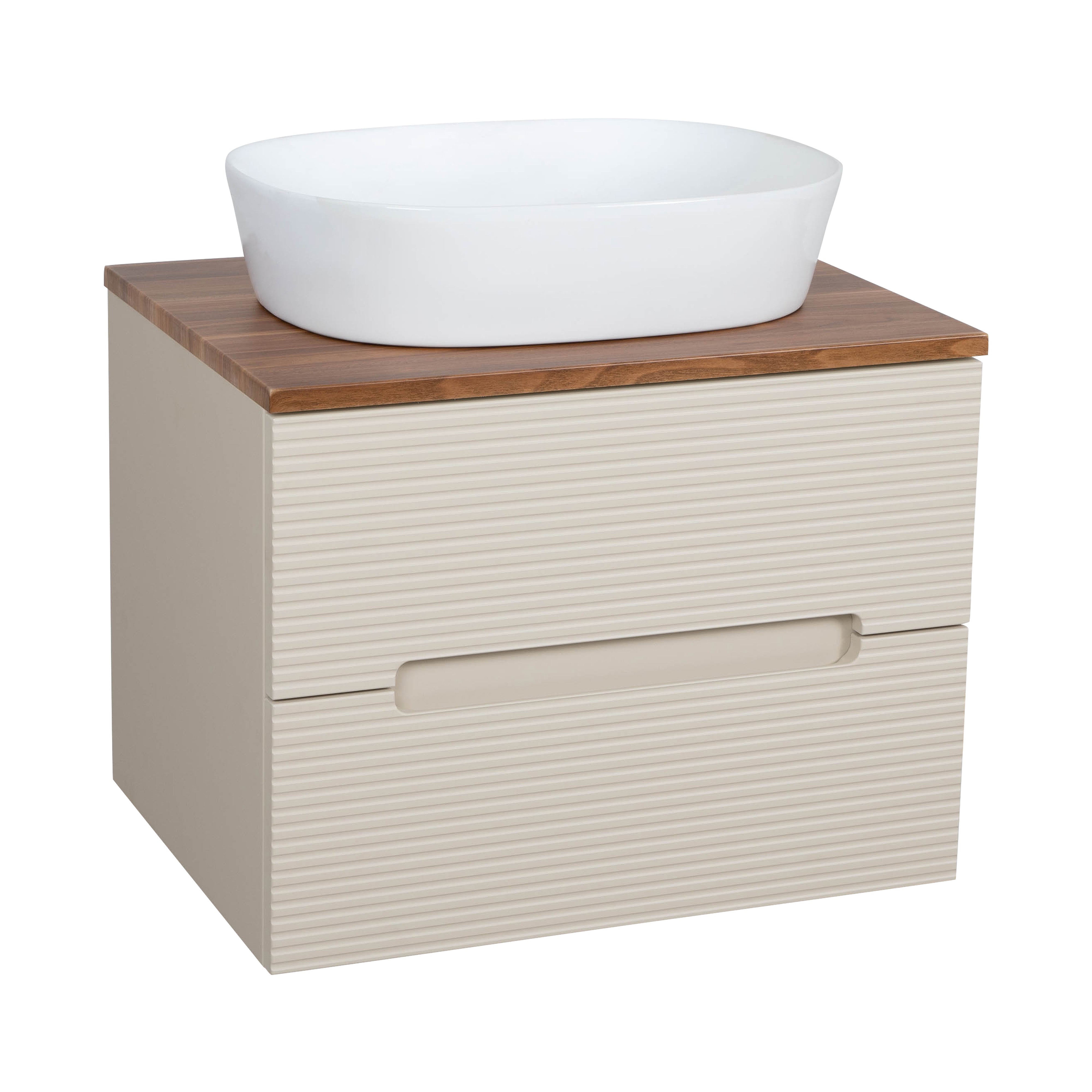 Monza Plus 600mm Fluted Wall Hung Vanity & Counter Top - Warm Oatmeal/Cali Walnut