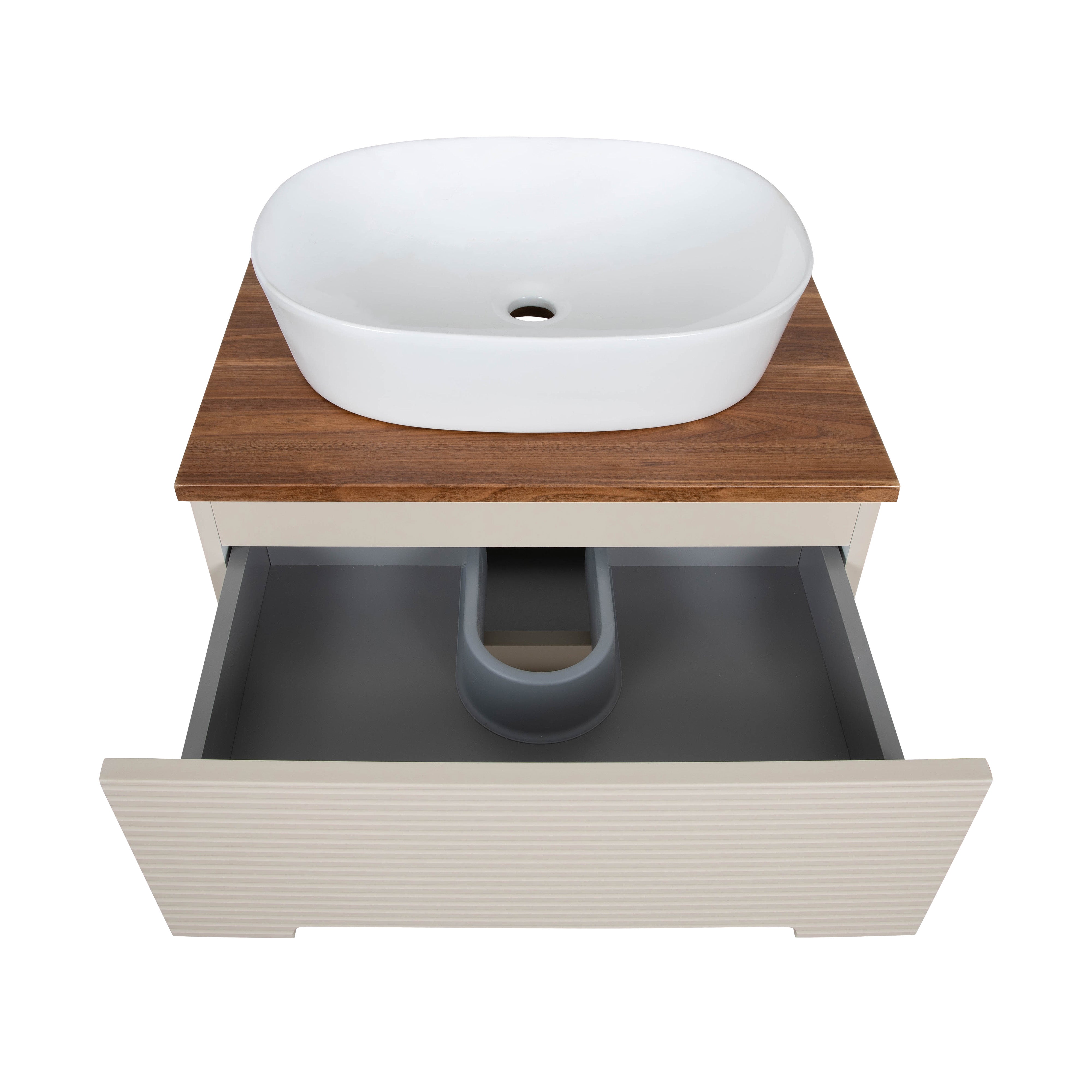 Monza Plus 600mm Fluted Wall Hung Vanity & Counter Top - Warm Oatmeal/Cali Walnut