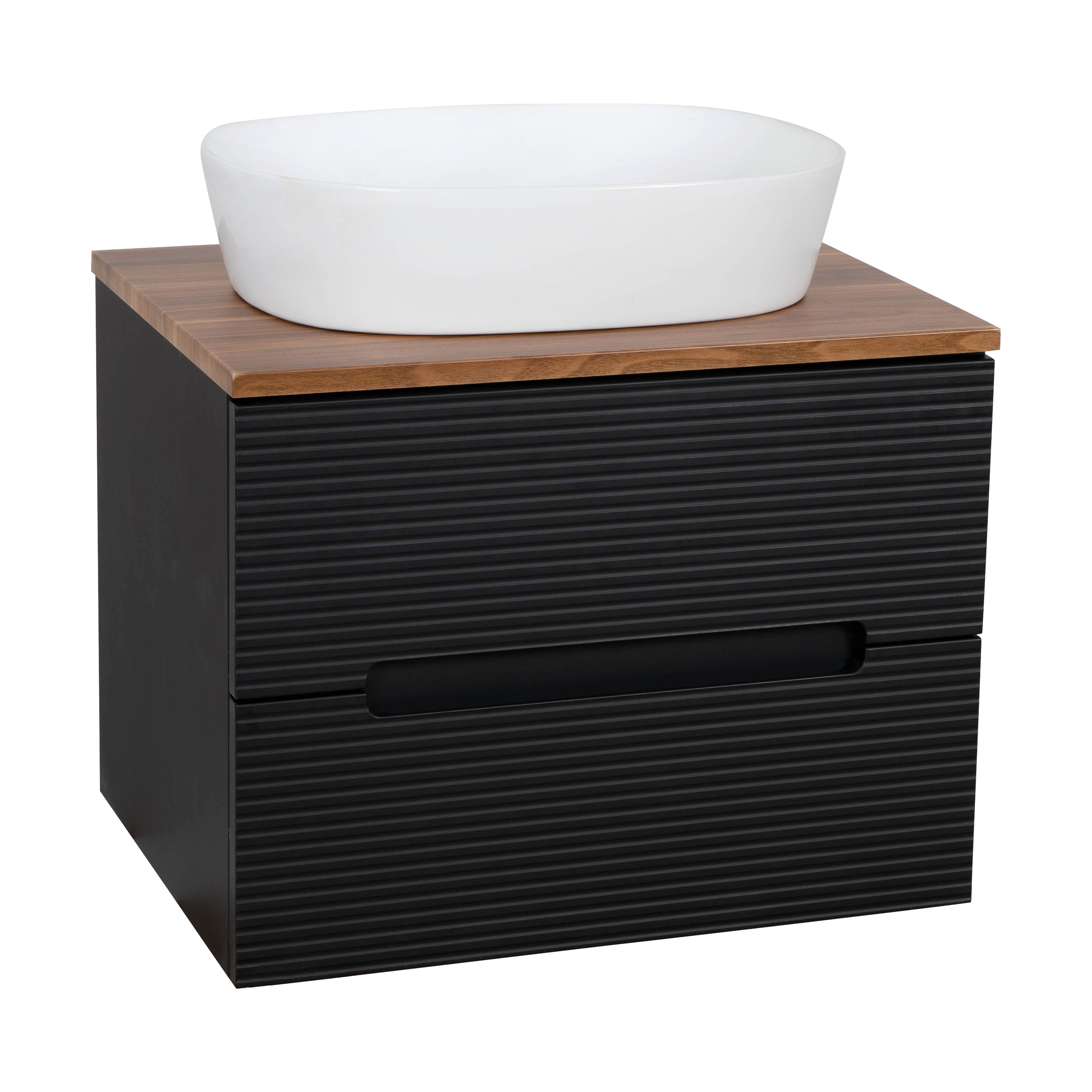 Monza Plus 600mm Fluted Wall Hung Vanity & Counter Top - Matte Black/Cali Walnut