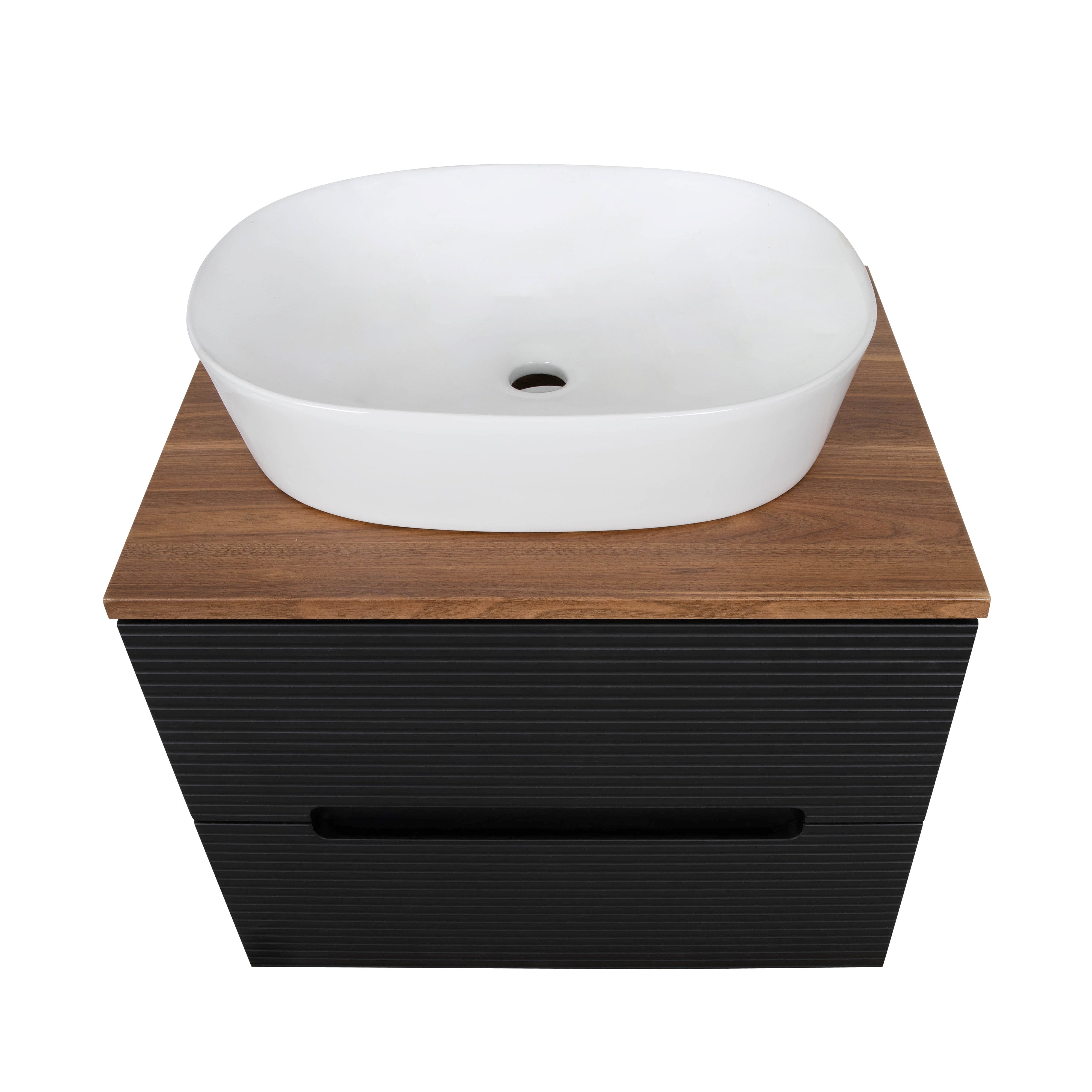 Monza Plus 600mm Fluted Wall Hung Vanity & Counter Top - Matte Black/Cali Walnut