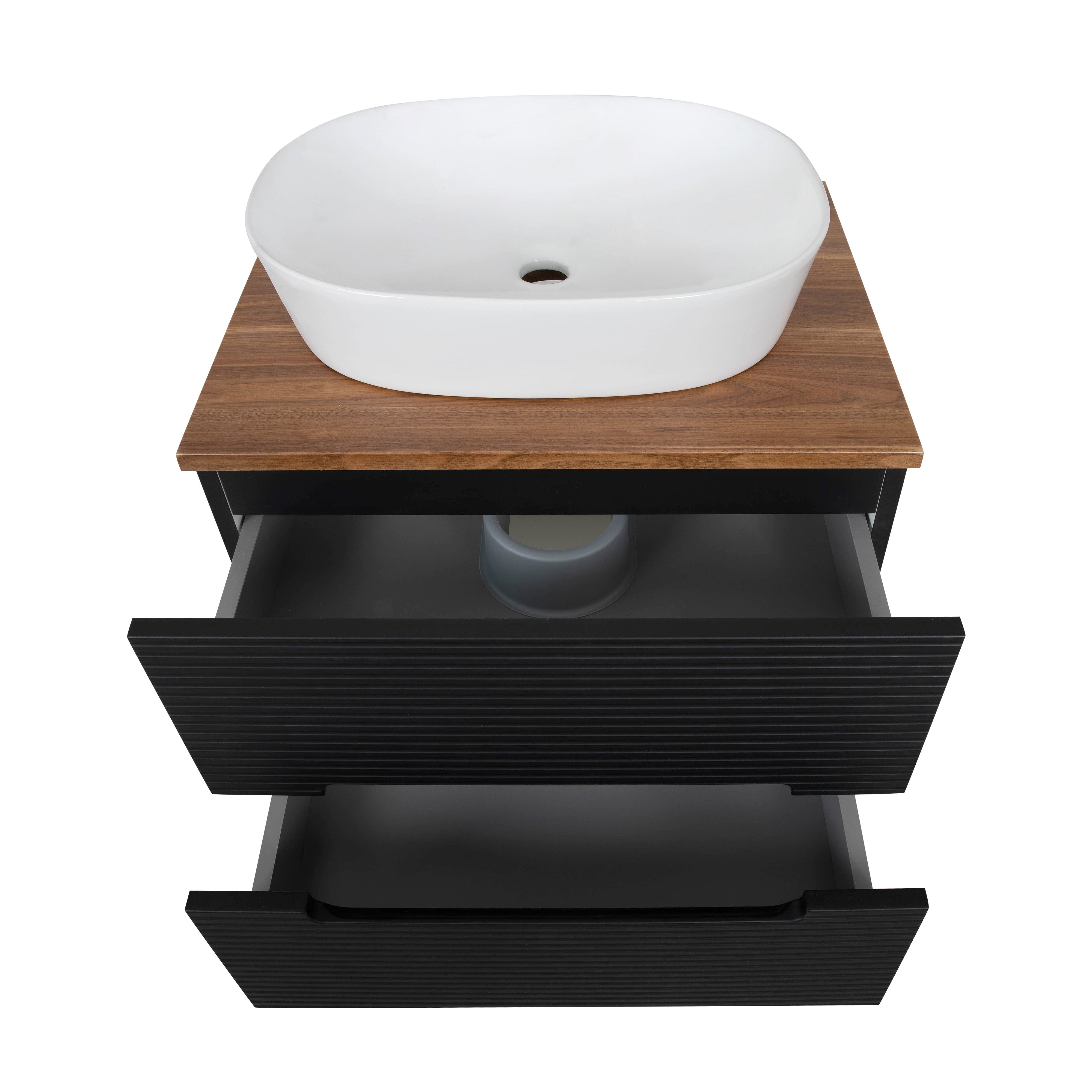 Monza Plus 600mm Fluted Wall Hung Vanity & Counter Top - Matte Black/Cali Walnut
