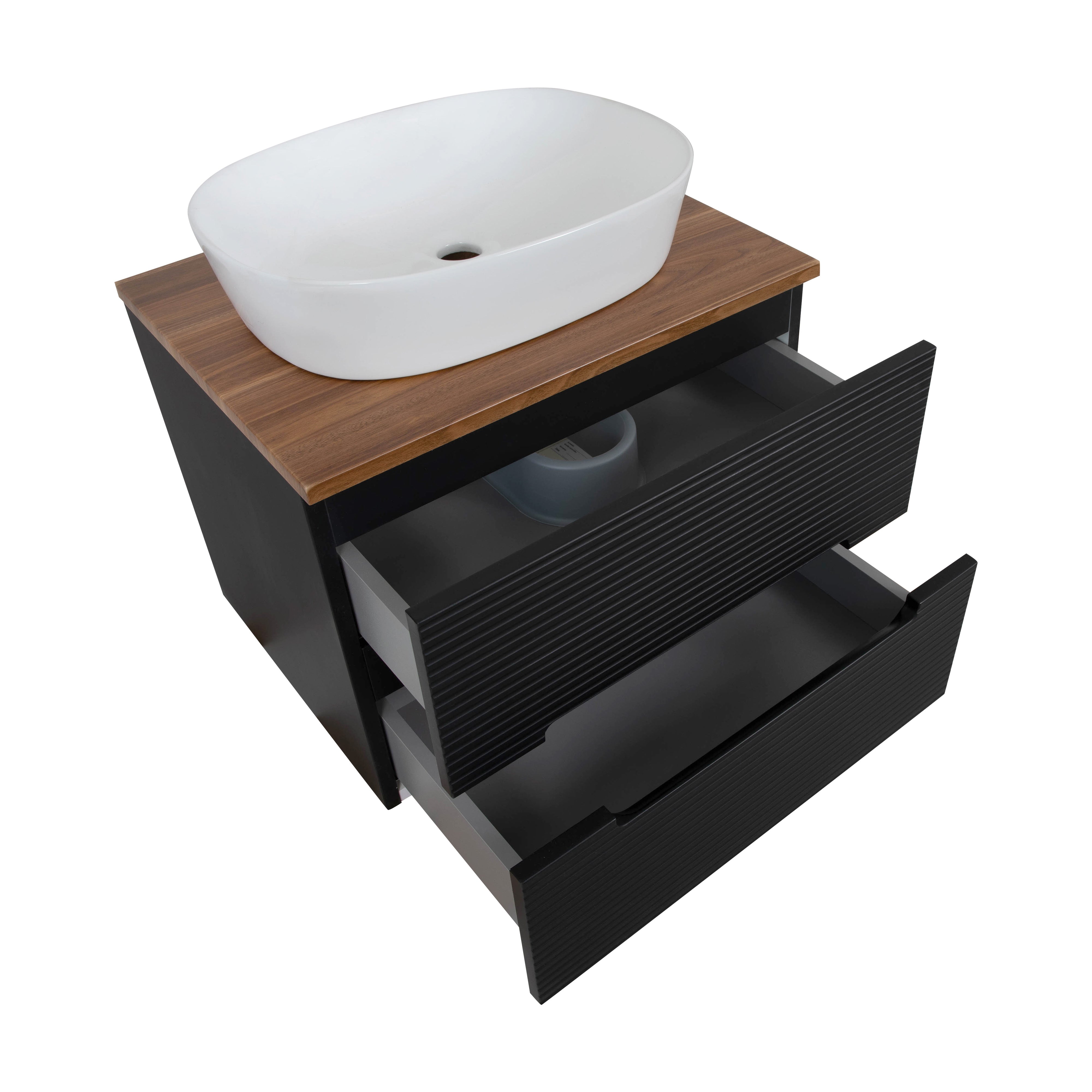 Monza Plus 600mm Fluted Wall Hung Vanity & Counter Top - Matte Black/Cali Walnut