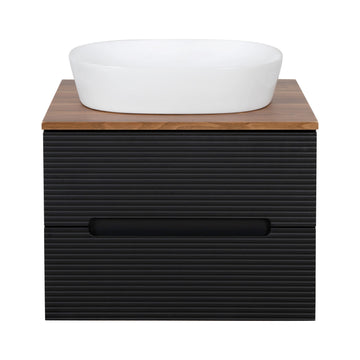 Monza Plus 600mm Fluted Wall Hung Vanity & Counter Top - Matte Black/Cali Walnut