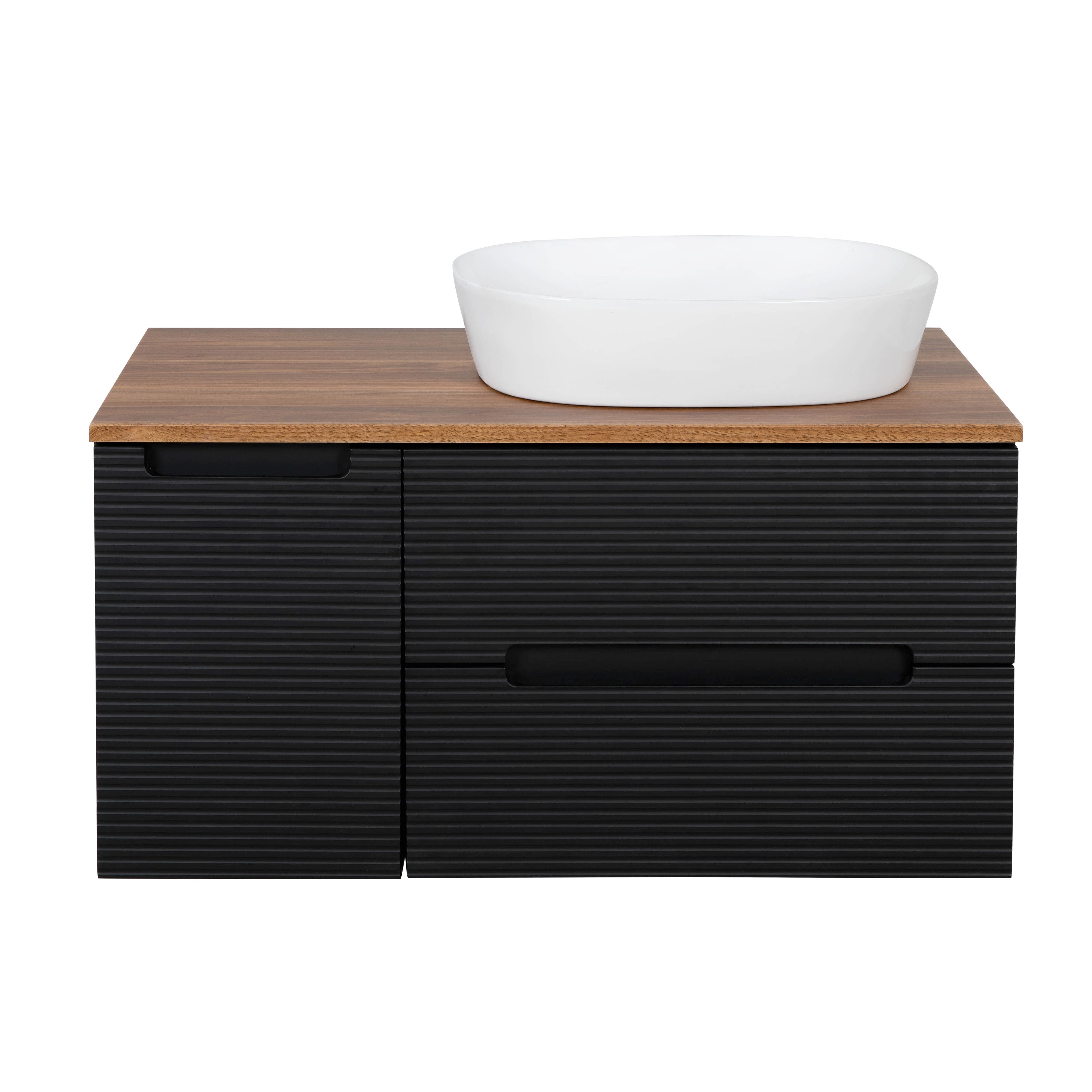 Monza Plus 900mm Fluted Wall Hung Vanity & Counter Top - Matte Black/Cali Walnut